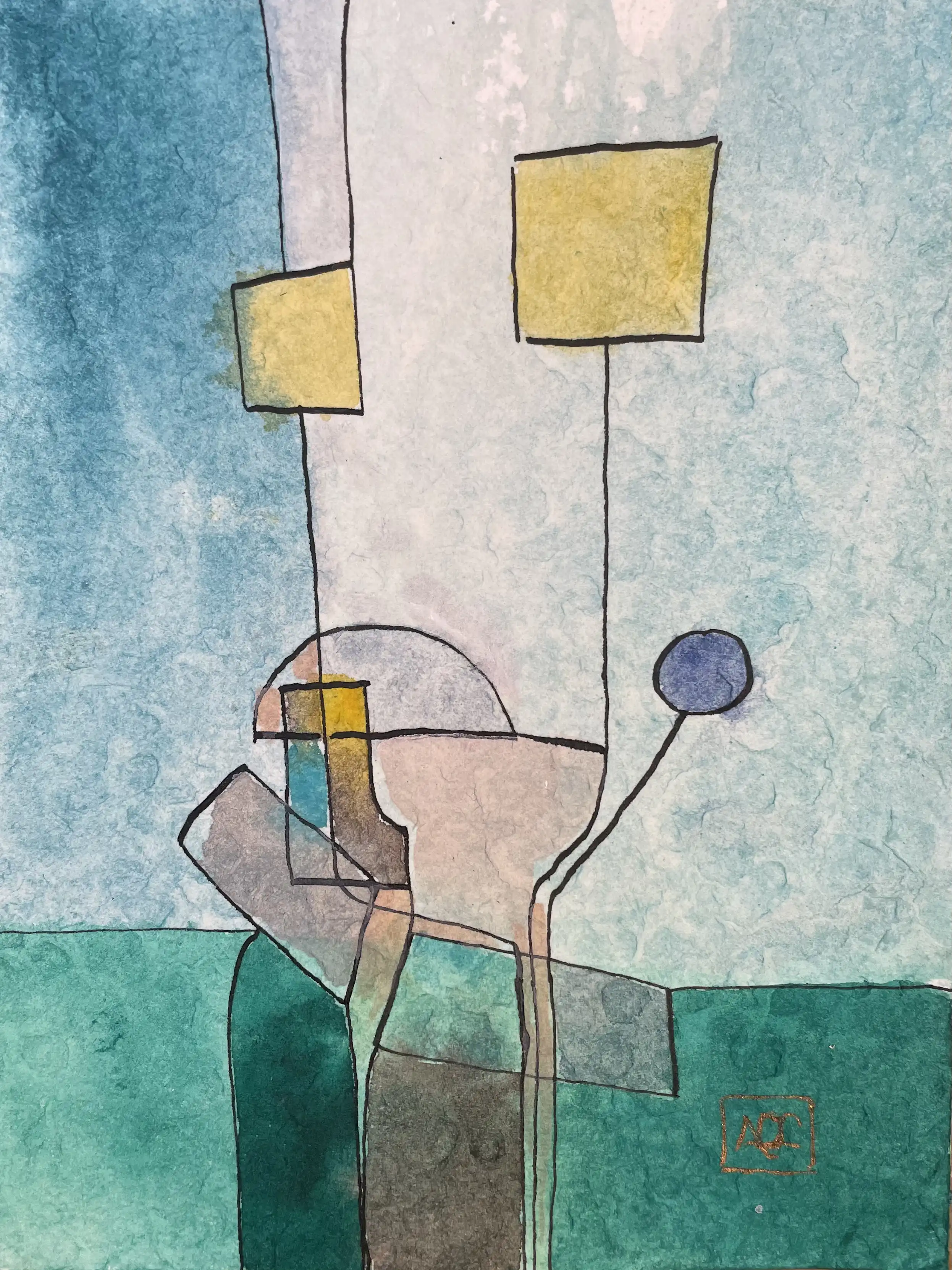 Aquarelle avec formes géométriques : zones bleu-vert et blanches avec carrés jaunes et accents violets dans une composition structurée