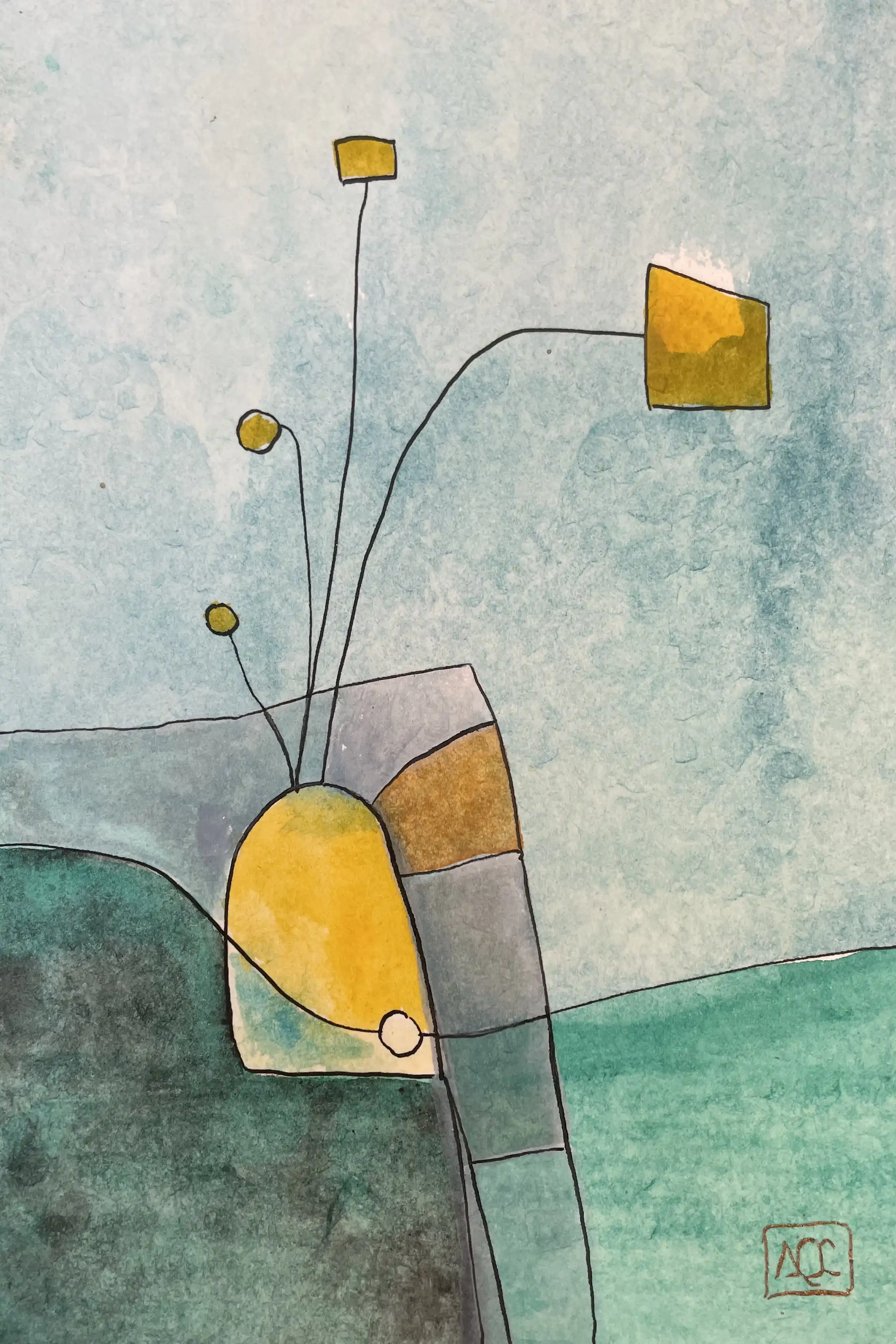 Aquarelle montrant des zones jaune-vert et blanches avec des accents géométriques dorés dans une composition abstraite