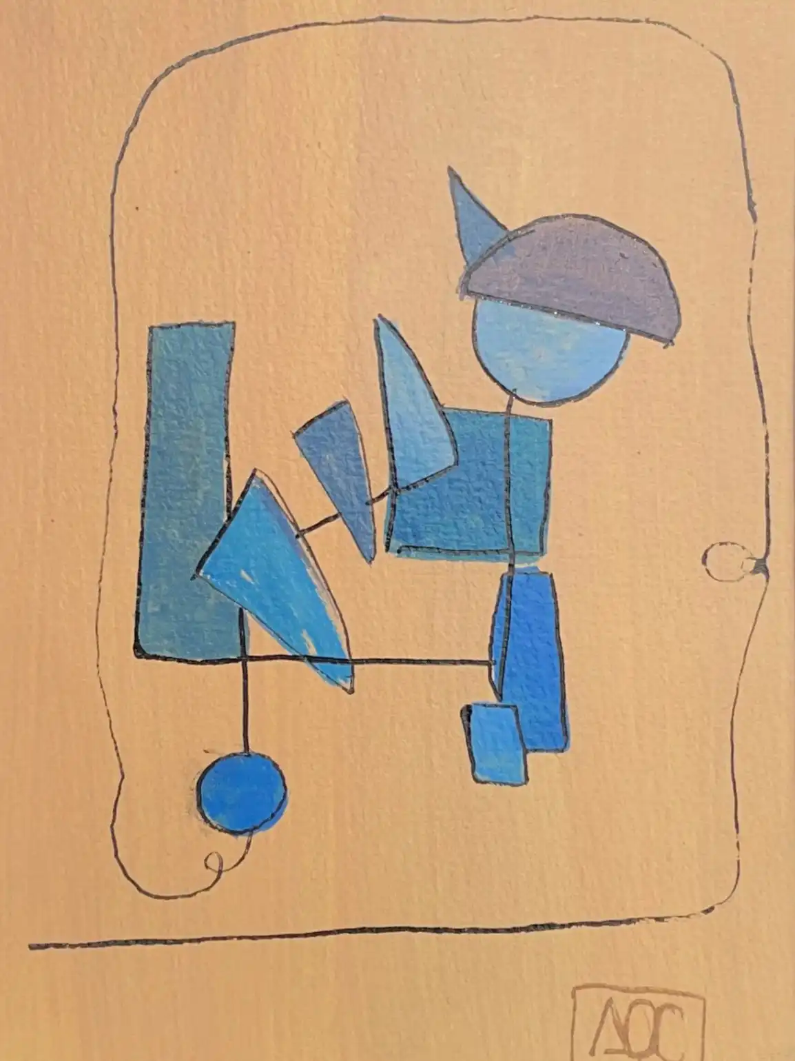 Watercolor with orange background and blue geometric shapes: triangles, rectangles, circles arranged playfully