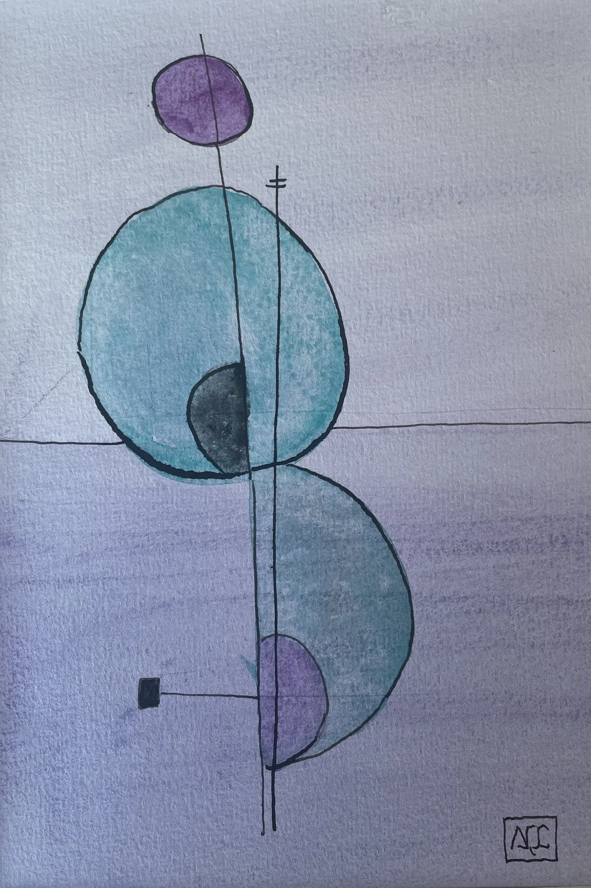 Watercolor painting: overlapping blue-gray circles arranged vertically with linear elements and purple accents