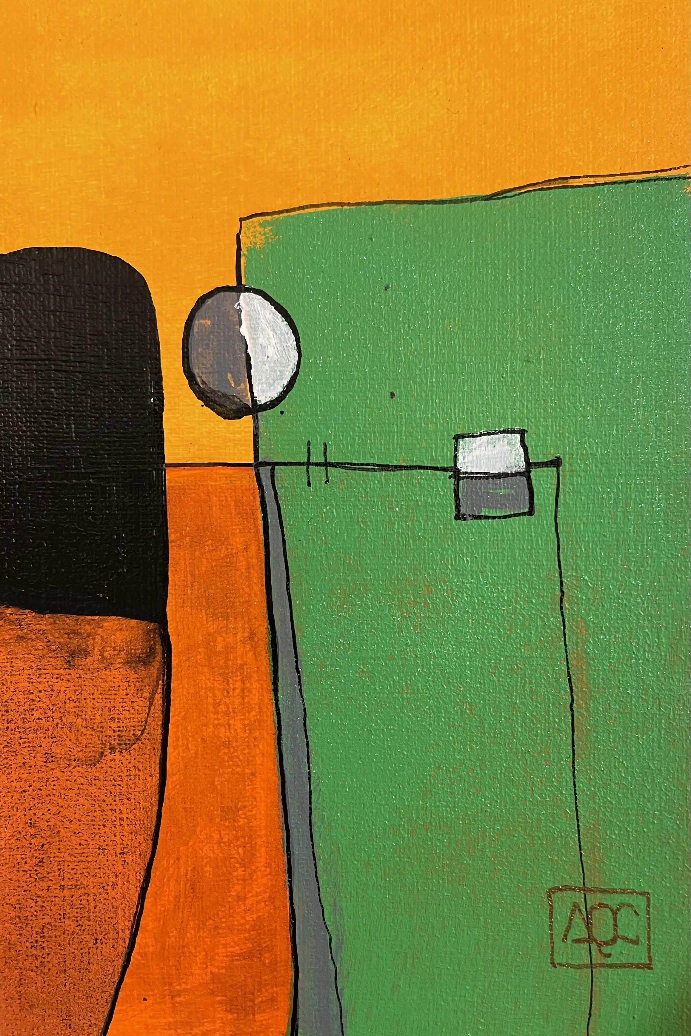 Acrylic painting: orange and yellow-green geometric forms with black accent and small color details on paper