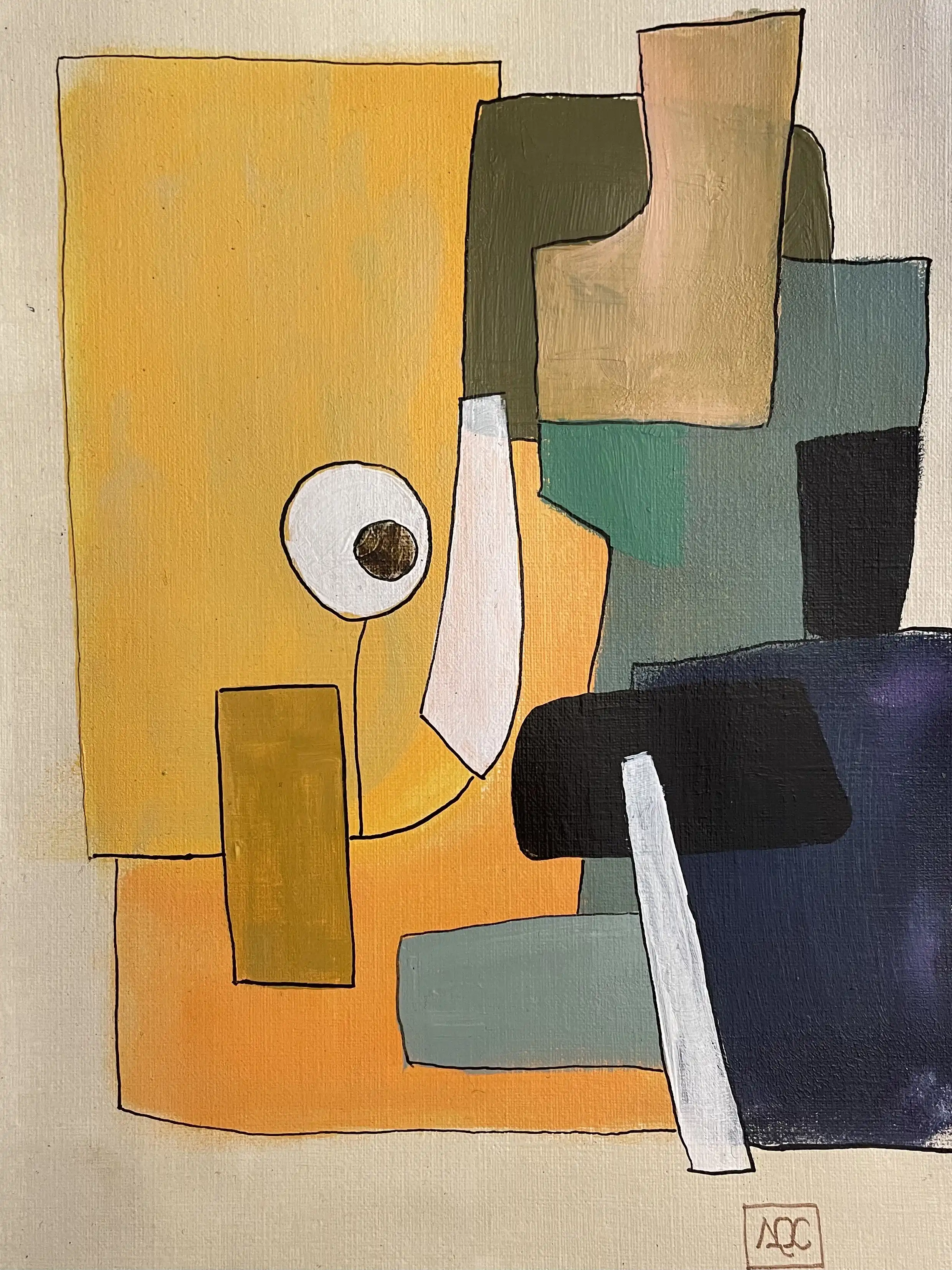 Peinture abstraite géométrique : formes jaune-orange, vertes avec accents noirs dans un arrangement architectural qui se chevauche