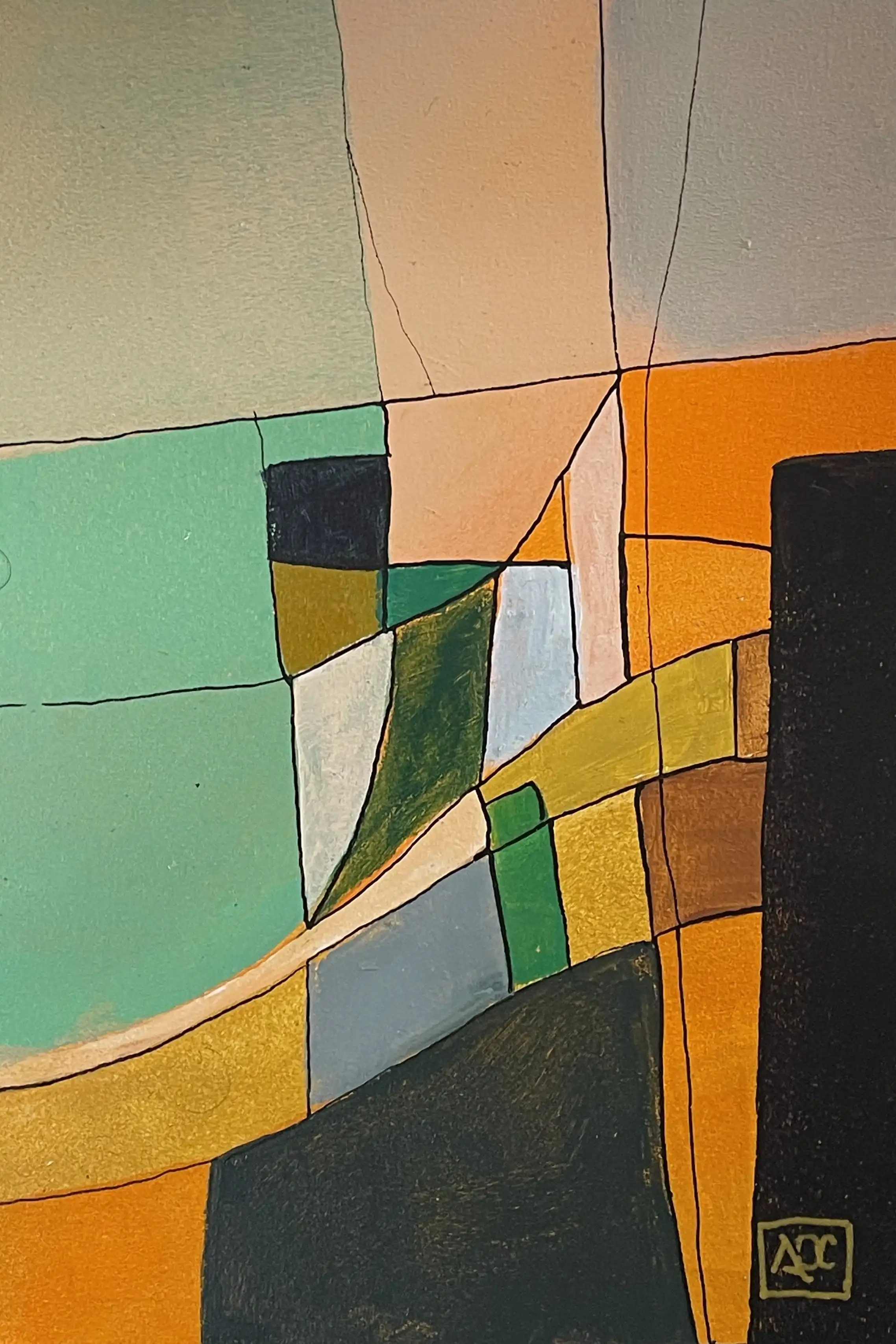 Acrylic painting with geometric color blocks: yellow-green, orange, gray sections divided by black lines