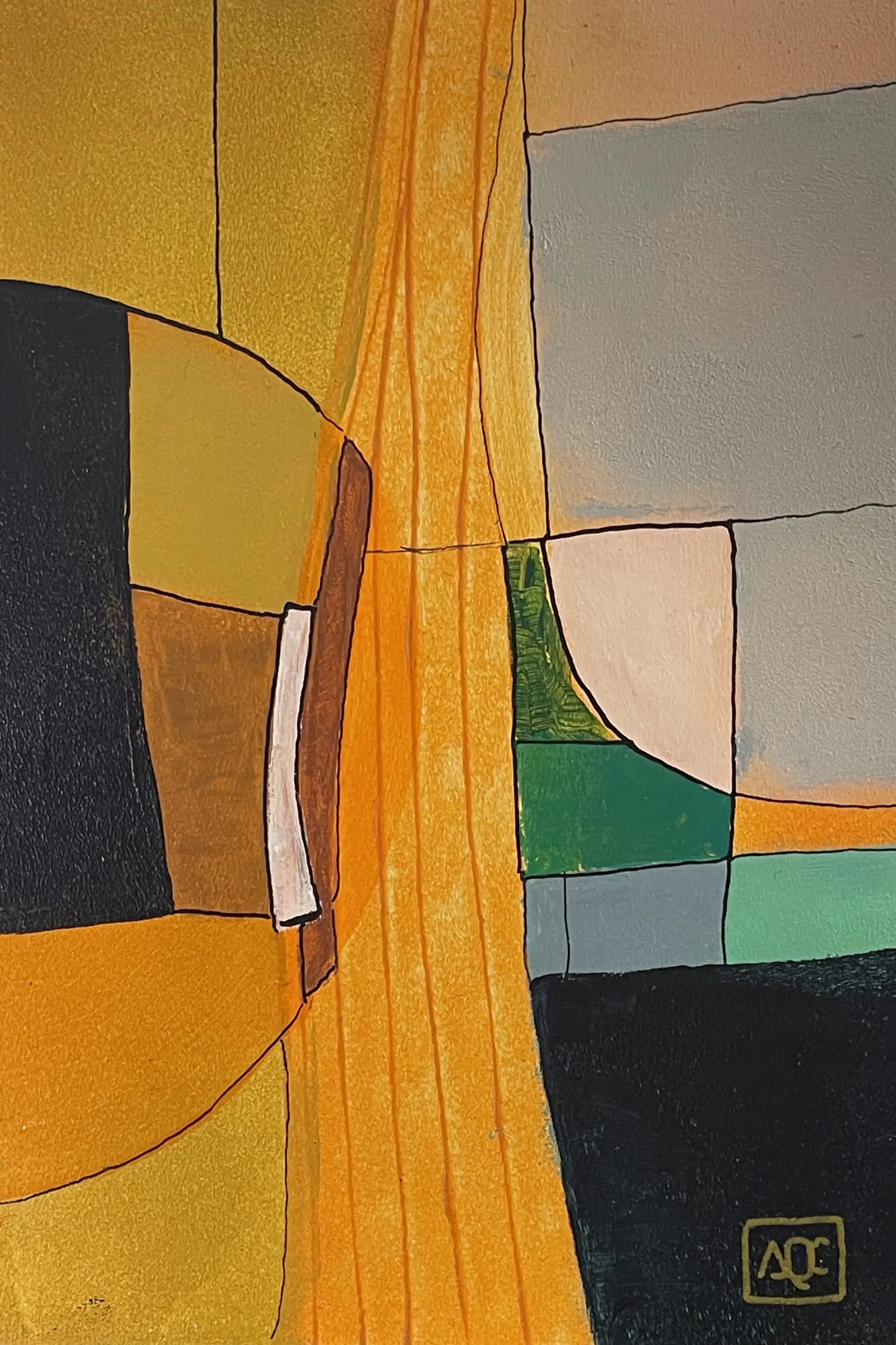 D Major - Variation 11 by Arnaud Quercy at Art Quam Anima — Acrylic Painting on Wood Panel, Abstract acrylic painting with orange, yellow-orange, and gray geometric forms representing D Major chord tones