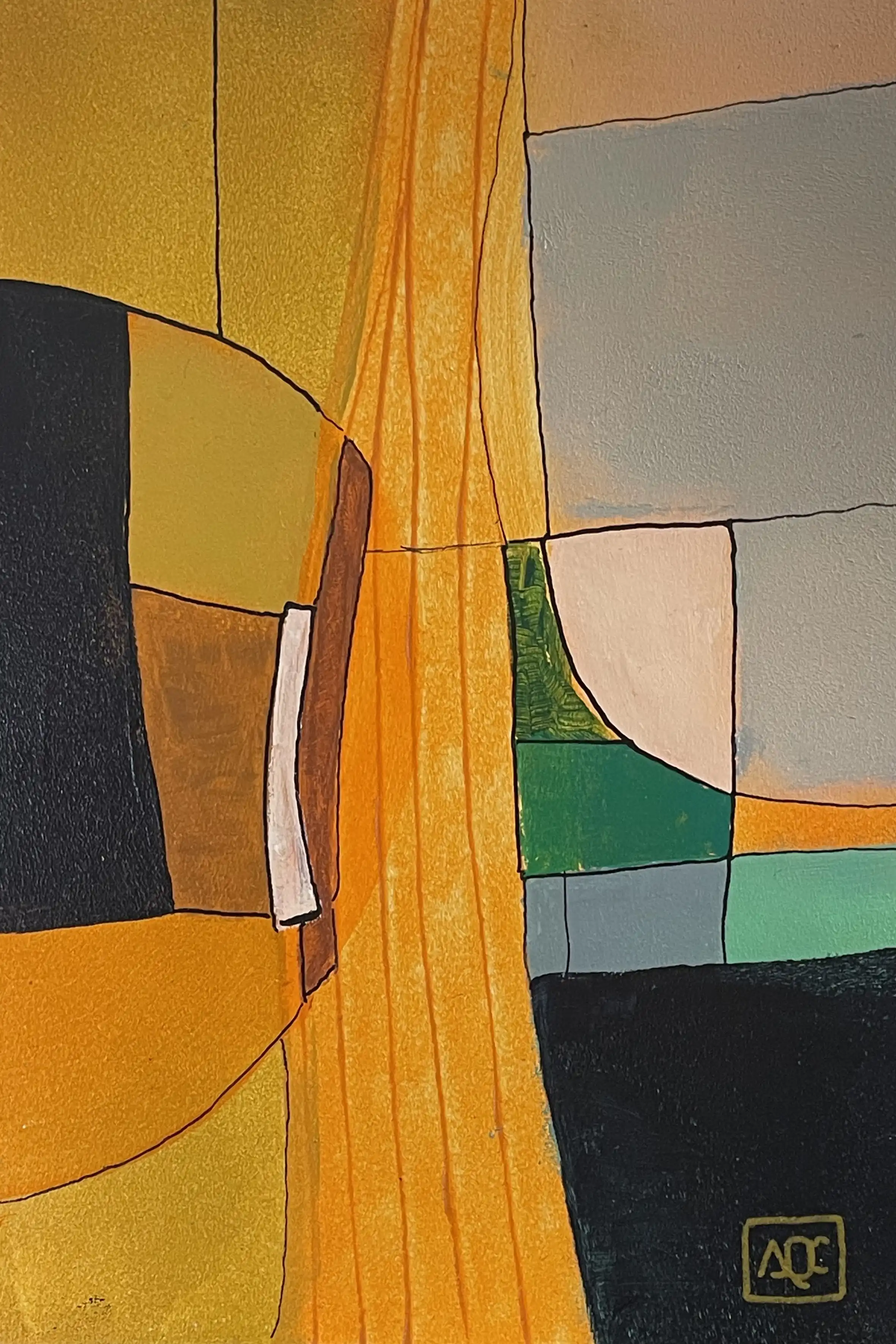 Abstract acrylic painting with orange, yellow-orange, and gray geometric forms representing D Major chord tones