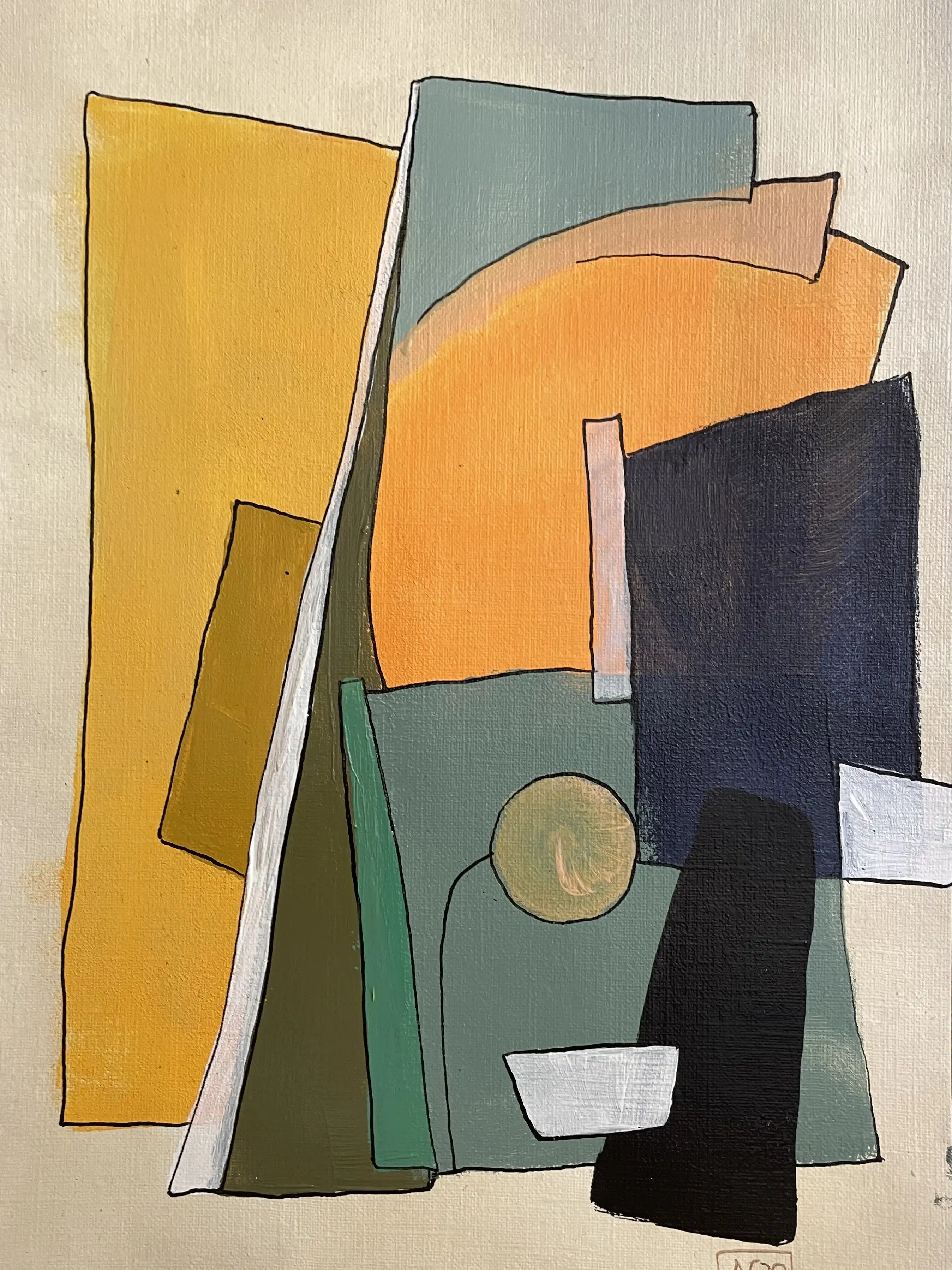 Peinture acrylique géométrique : formes jaune-orange, grises et jaune-vert qui se chevauchent créant des relations de couleurs harmoniques