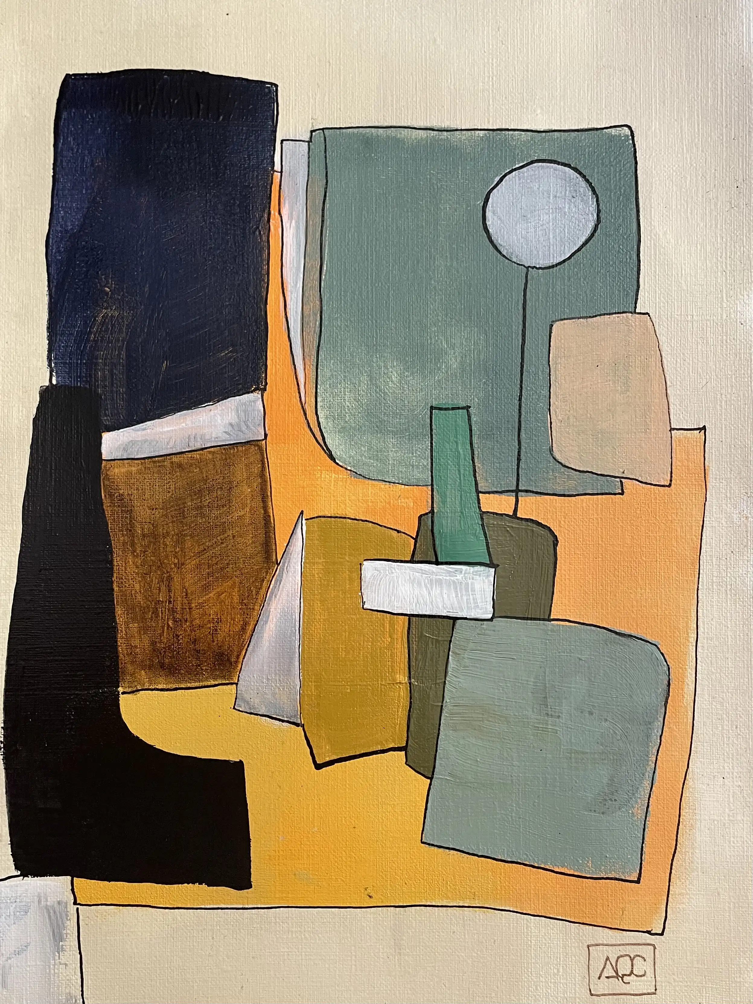 Geometric abstract painting with yellow-orange, black, and green forms translating D Major chord into visual harmony