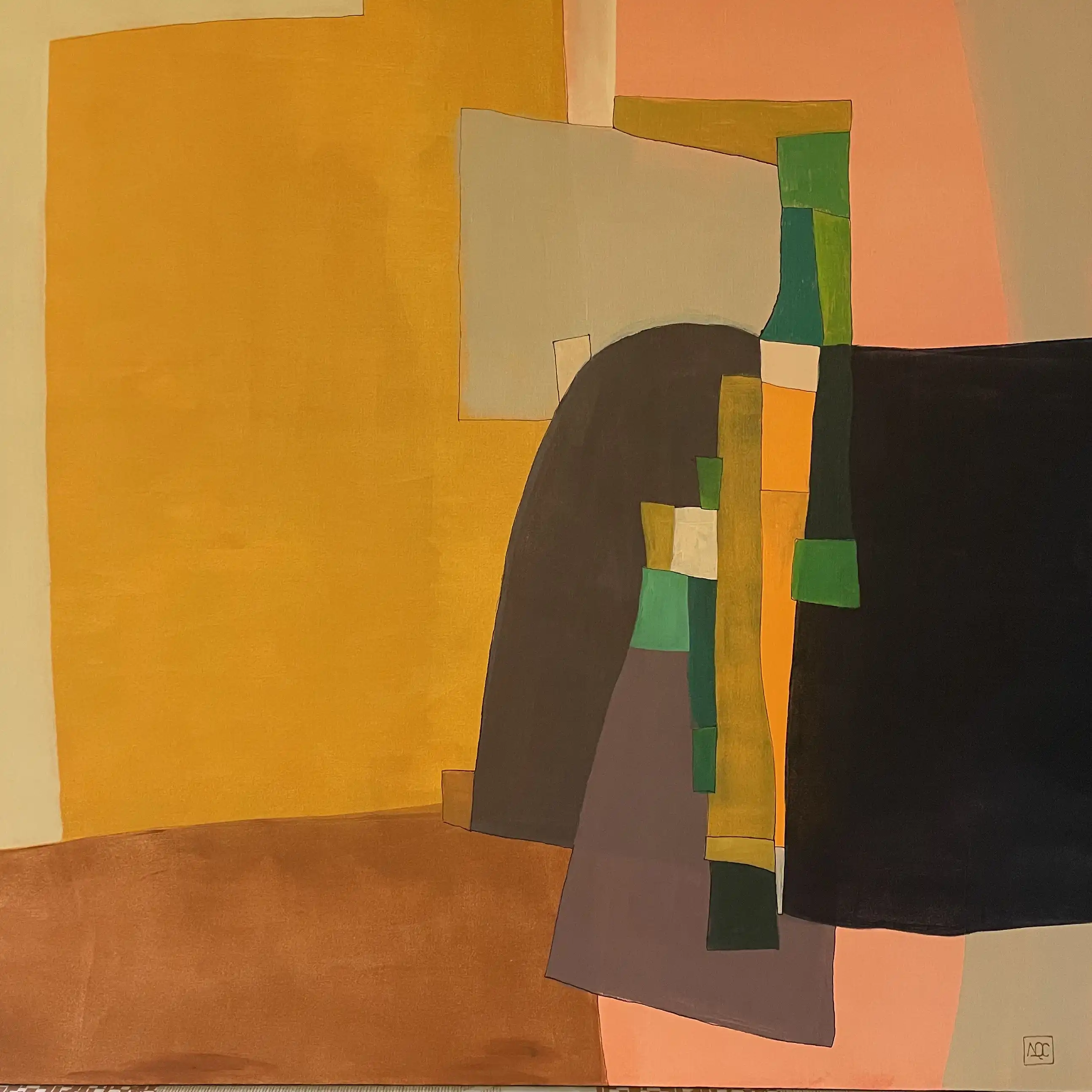 Abstract geometric painting with orange and dark gray forms, yellow-orange accents in layered composition