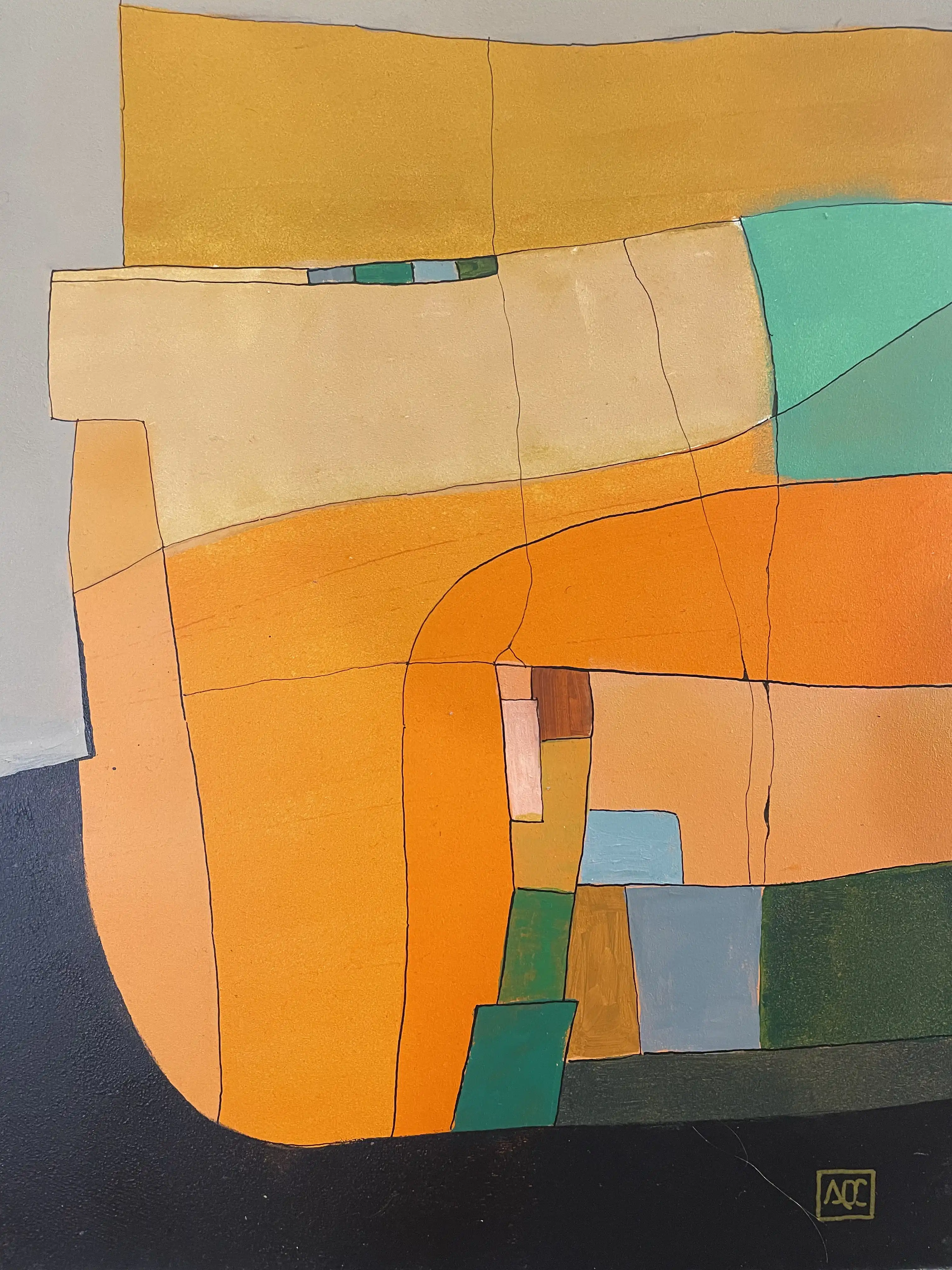 Acrylic painting with yellow-orange, orange areas, dark gray base, green accents in geometric abstract composition