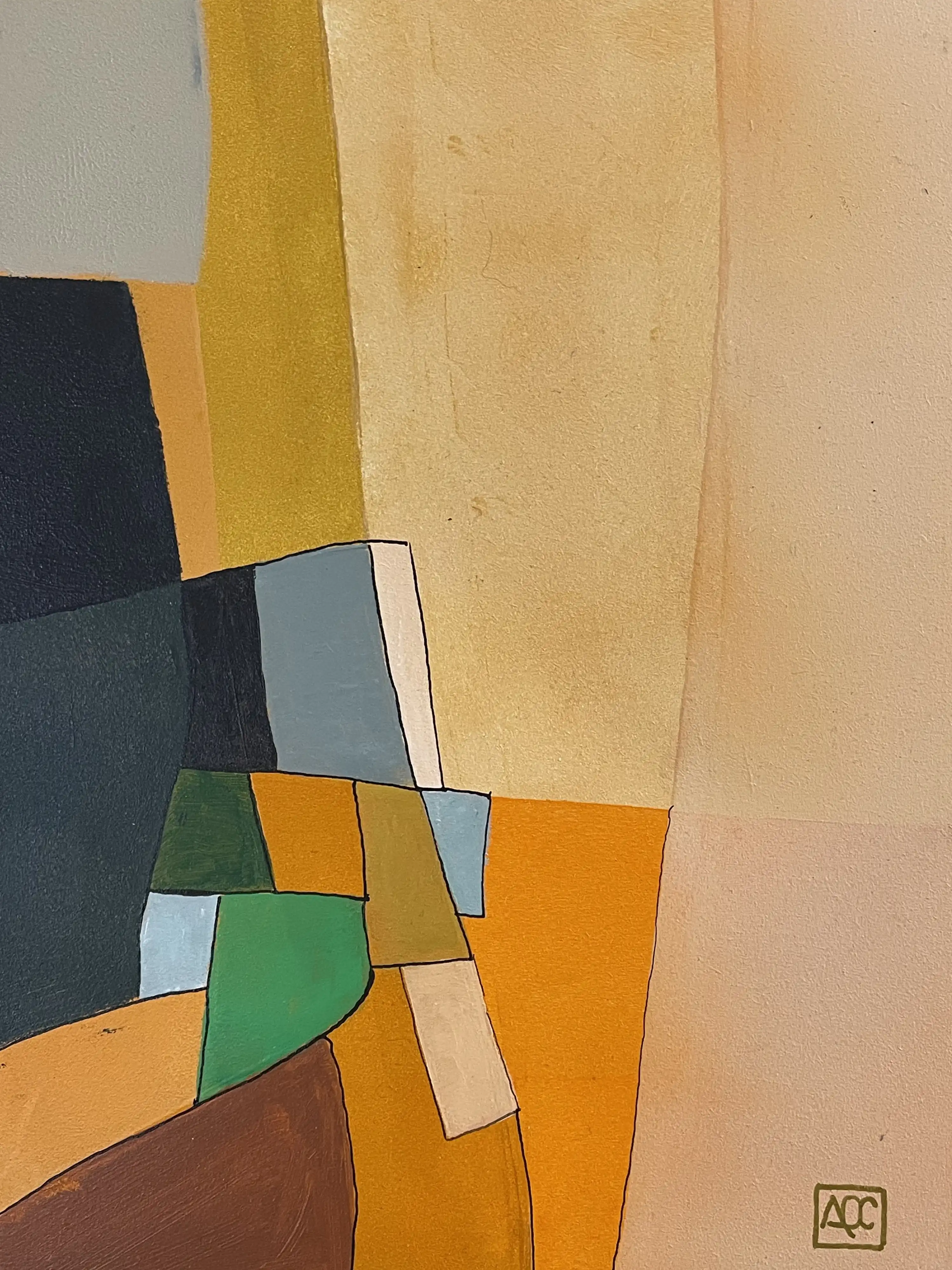 Peinture abstraite géométrique : formes jaune-orange, orange, bleu-vert arrangées en formes angulaires qui se chevauchent