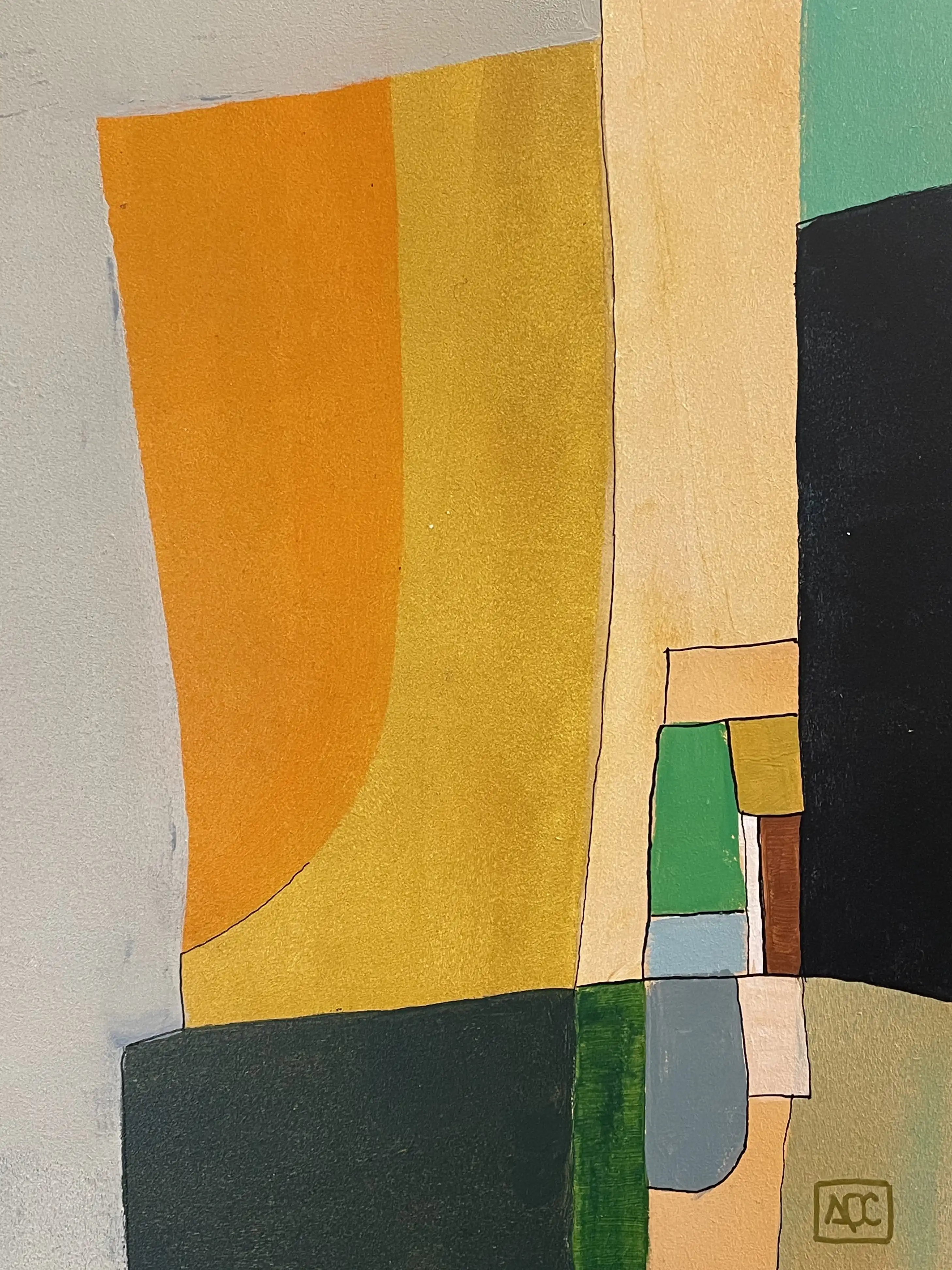 Acrylic painting with orange and yellow-orange geometric shapes on wood panel, translating D Major harmonies into visual form