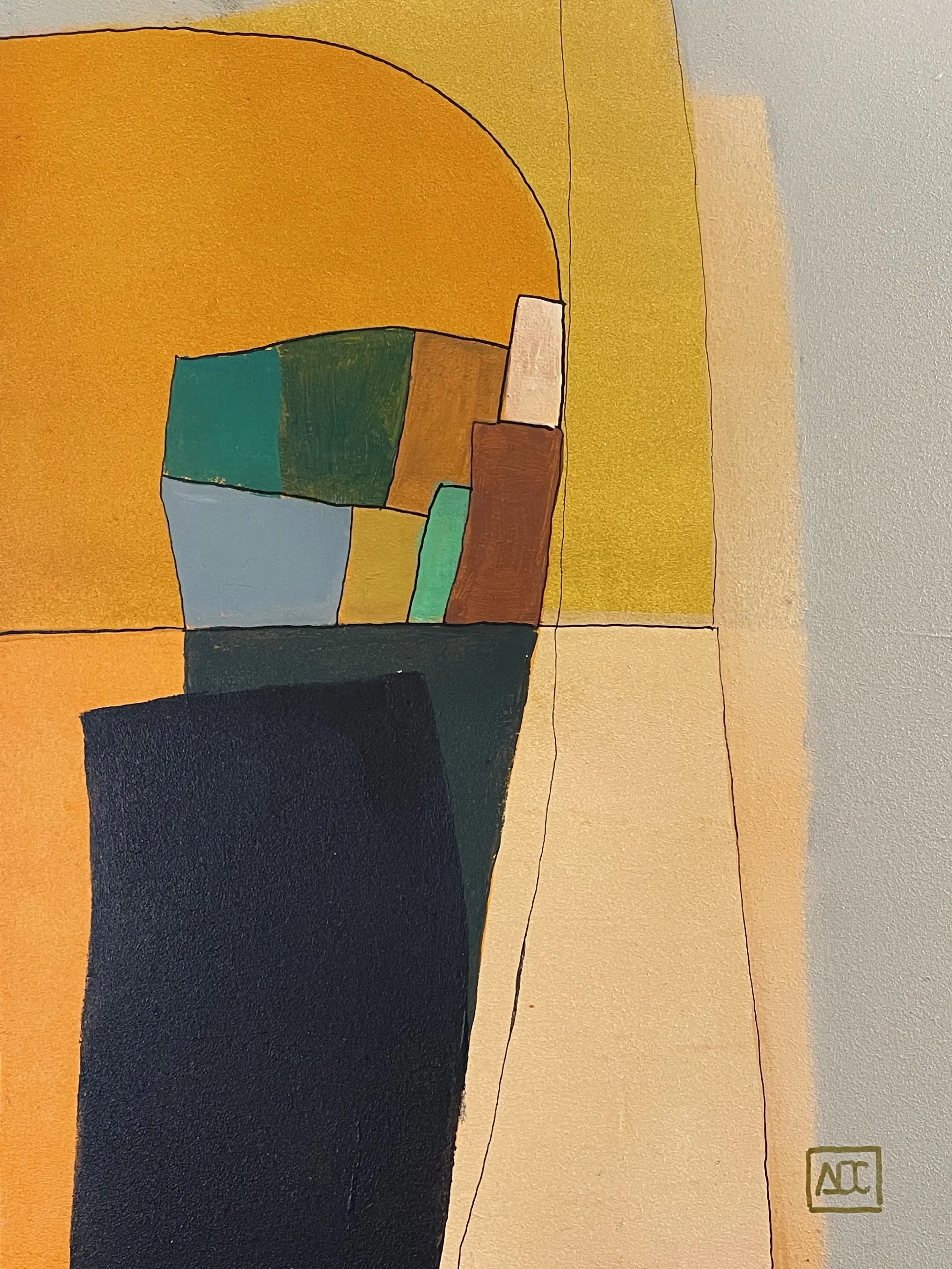 Geometric abstract painting: orange, yellow-orange forms with dark gray base and green accents in angular composition