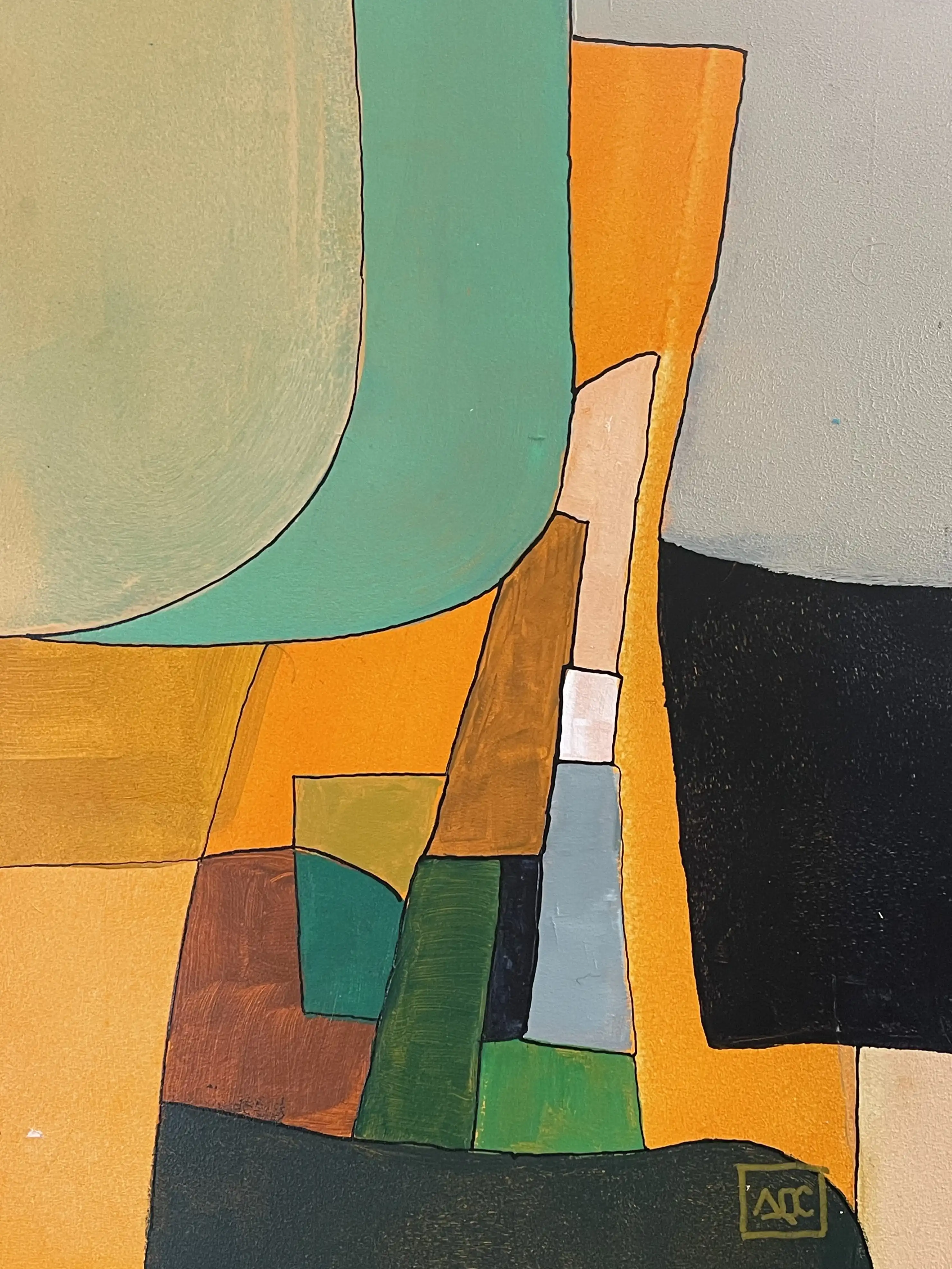 Geometric acrylic painting: yellow, orange, green areas divided by black lines in angular composition