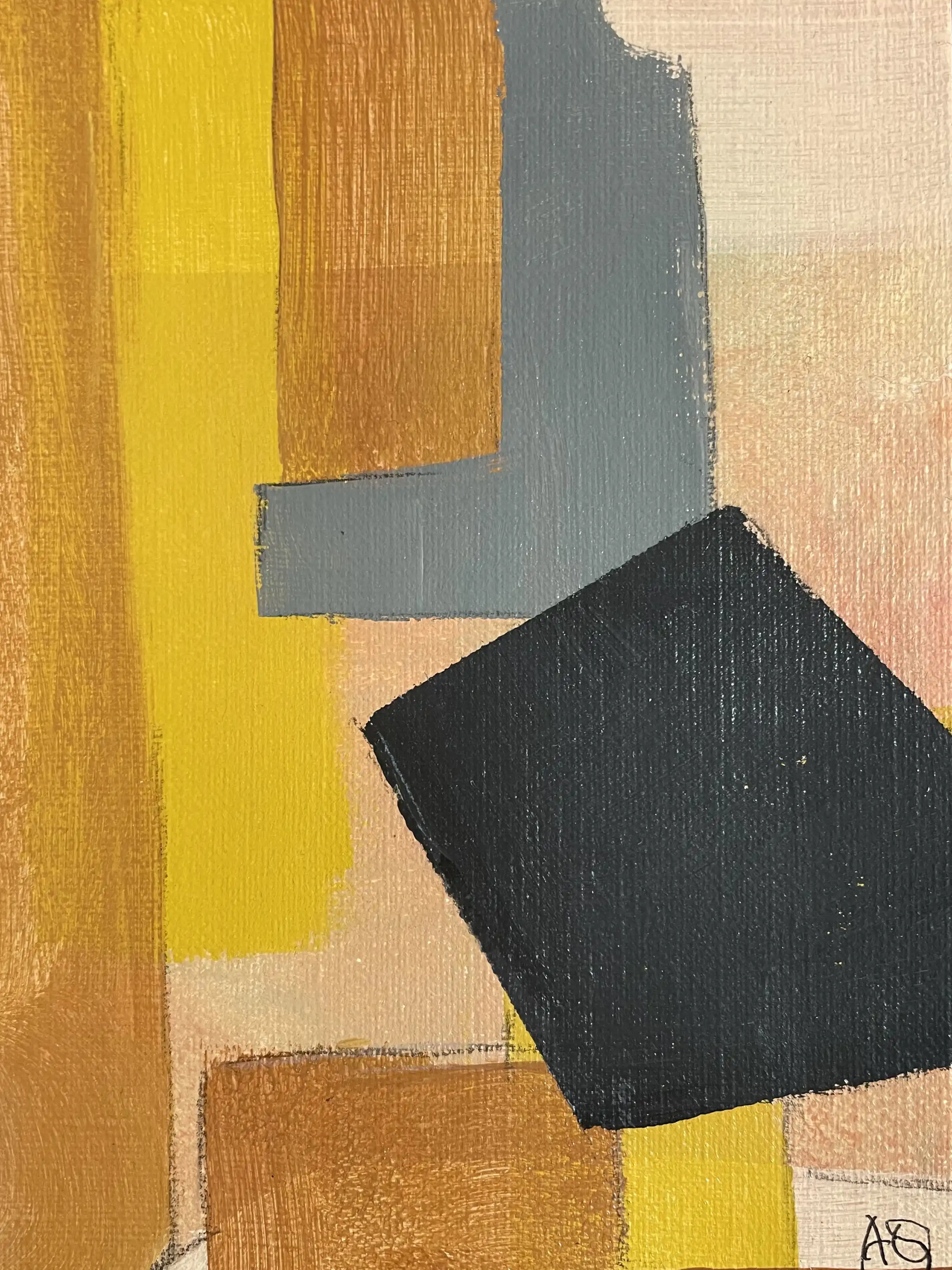 Peinture acrylique traduisant l'accord Ré Majeur9 : tons jaune-orange chauds et gris en arrangement géométrique