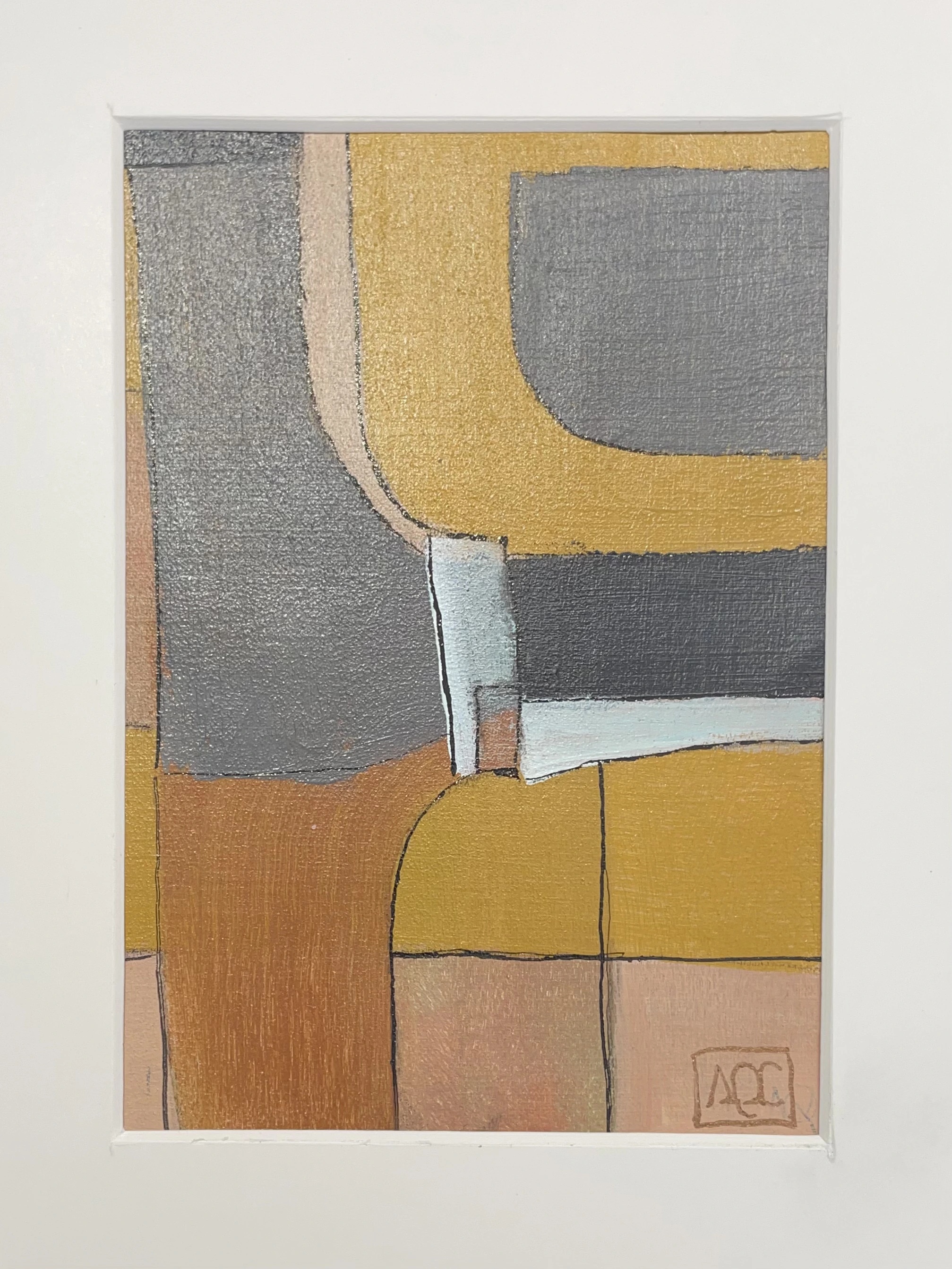 Ré Majeur 9 - Variation 1 par Arnaud Quercy chez Art Quam Anima — peinture acrylique sur papier, Peinture acrylique avec des formes géométriques en tons blancs, jaune-orange et gris arrangées en composition abstraite