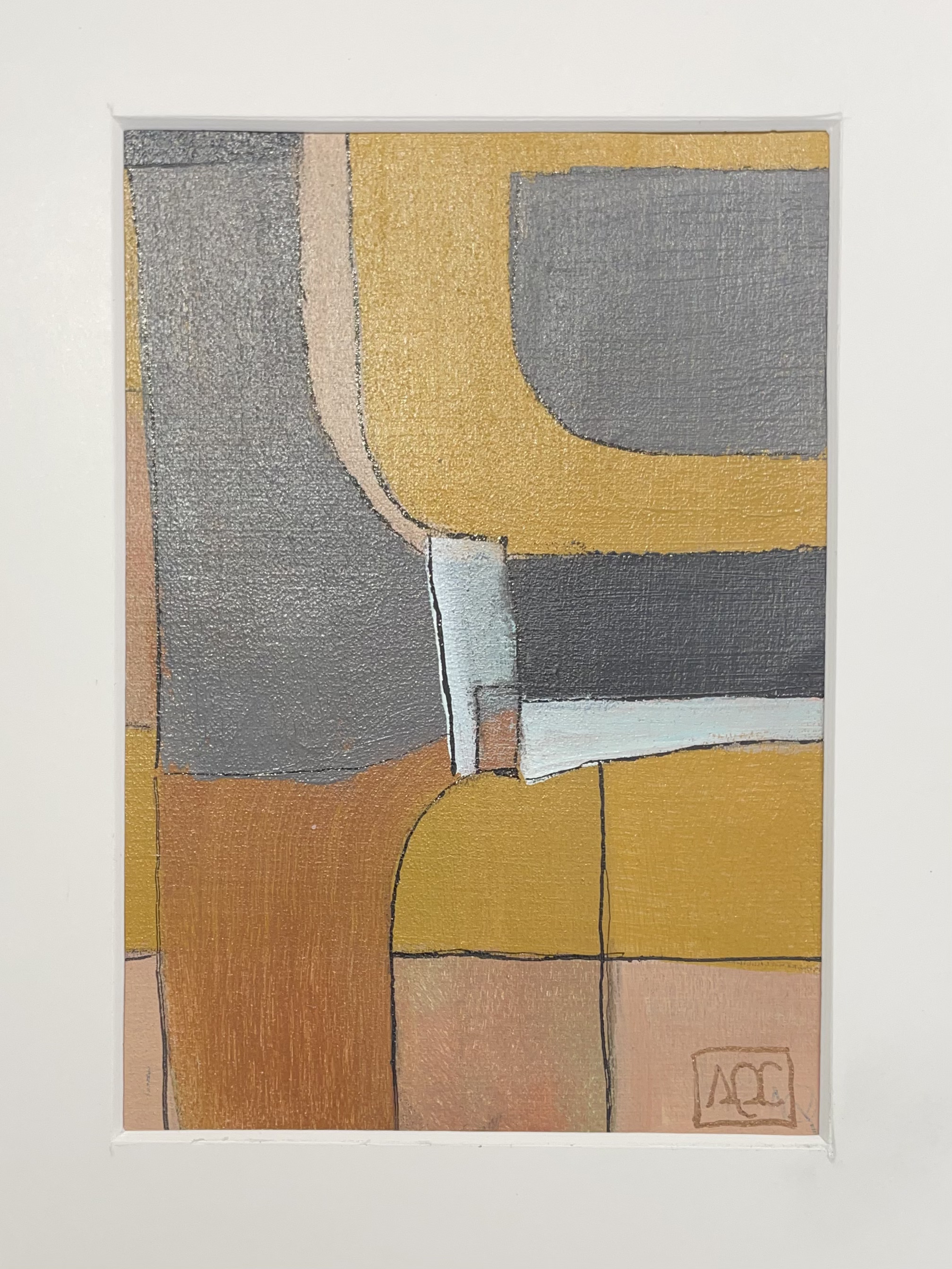 Peinture acrylique avec des formes géométriques en tons blancs, jaune-orange et gris arrangées en composition abstraite