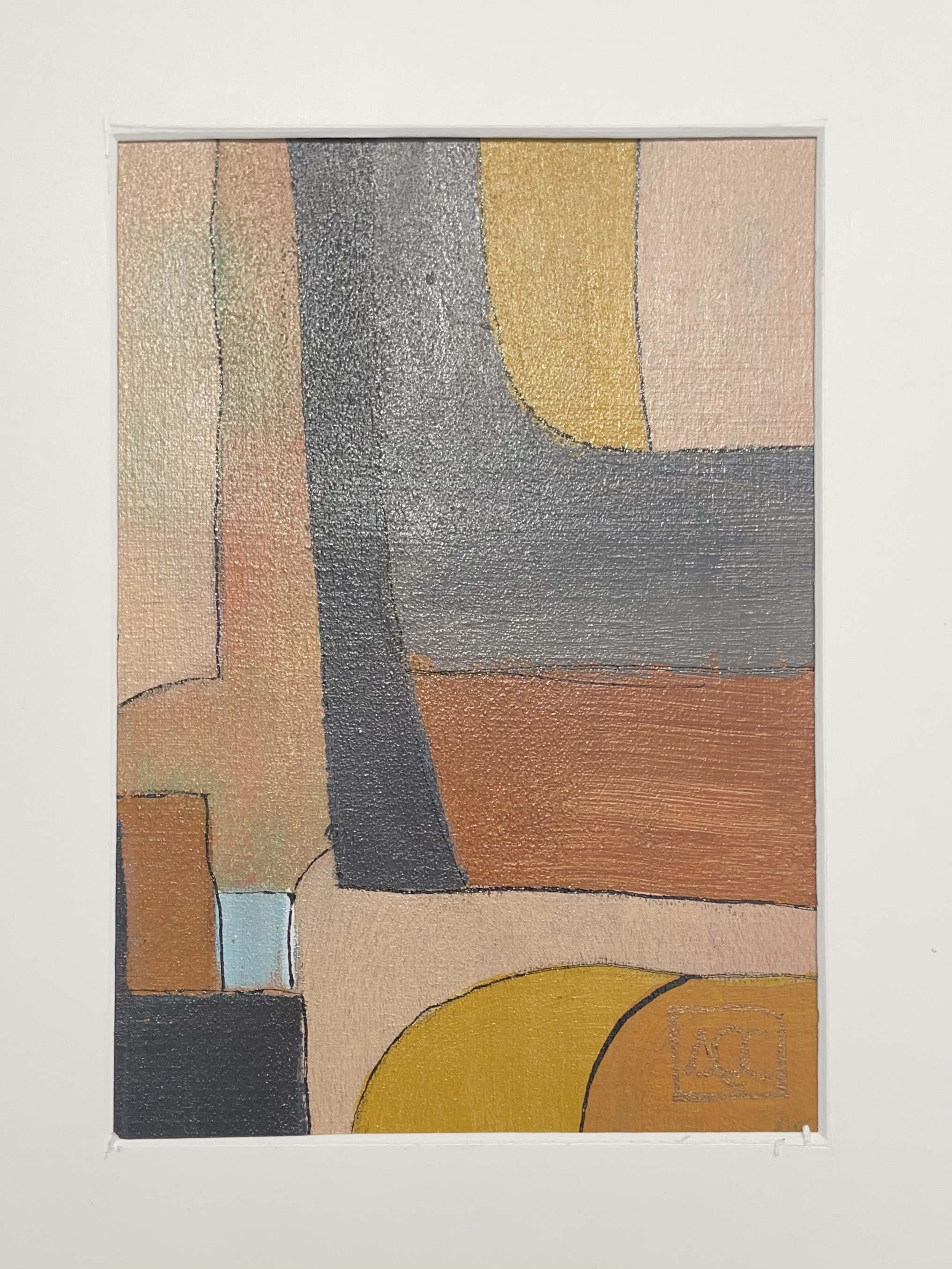 Peinture acrylique : zones couleur géométriques en blanc, orange, gris avec accent bleu-vert en composition verticale