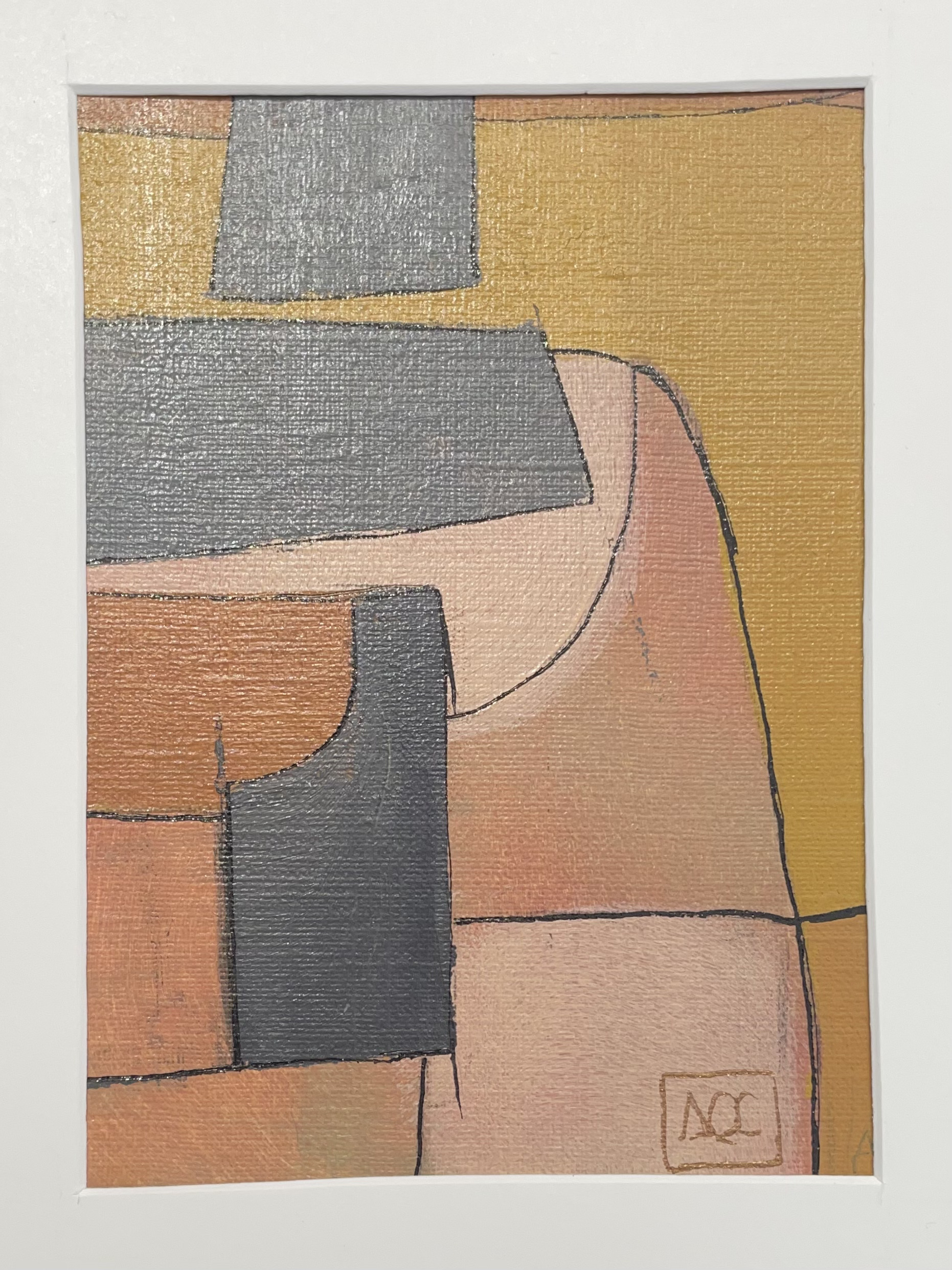 Peinture acrylique : formes géométriques orange avec éléments blancs et gris arrangés en relations harmoniques de couleur