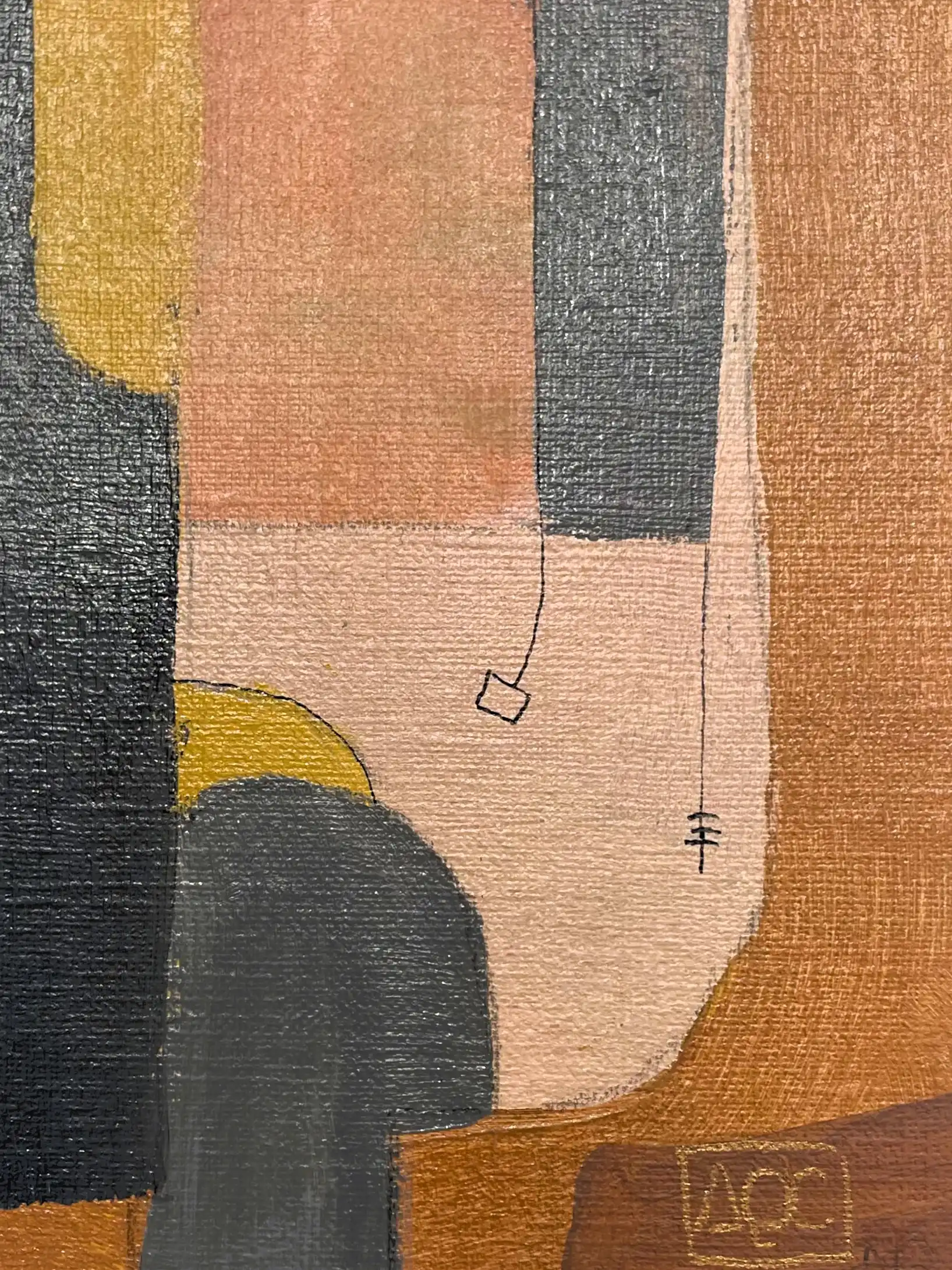 Peinture acrylique avec formes géométriques orange et zones grises, accent jaune-orange représentant un accord musical