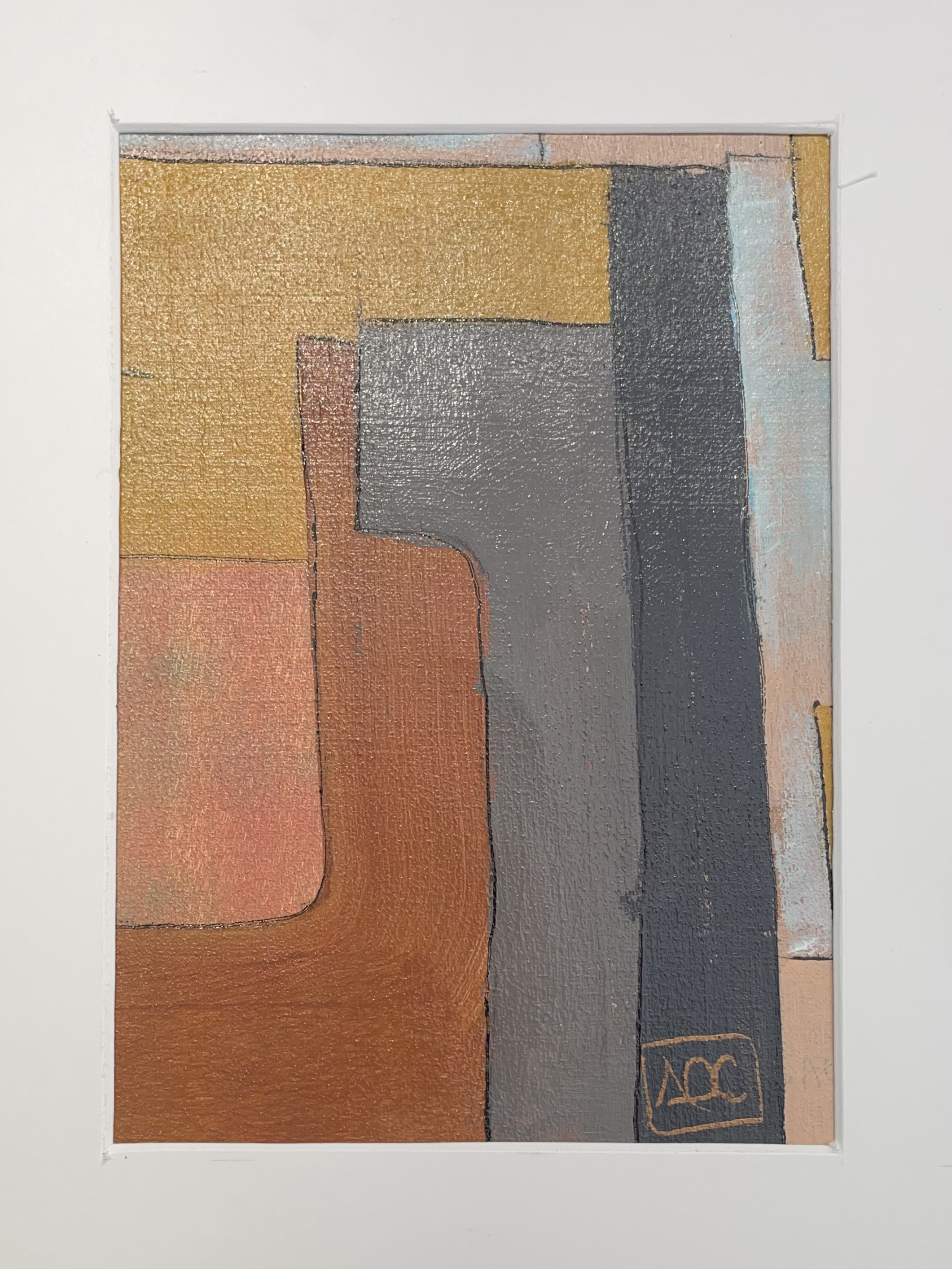 Peinture acrylique : formes géométriques en tons blancs, orange et gris avec de petits accents sombres et bleus sur papier