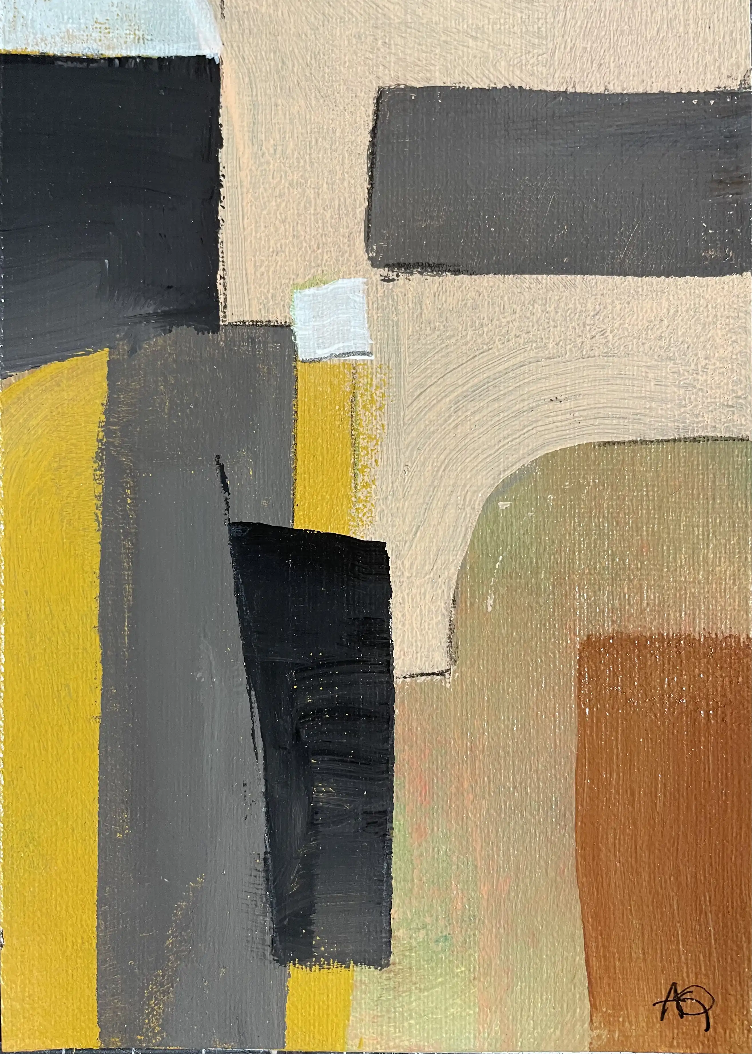 Peinture géométrique abstraite avec rectangles gris, formes jaune-orange, et accents bleu-vert arrangés en composition en couches