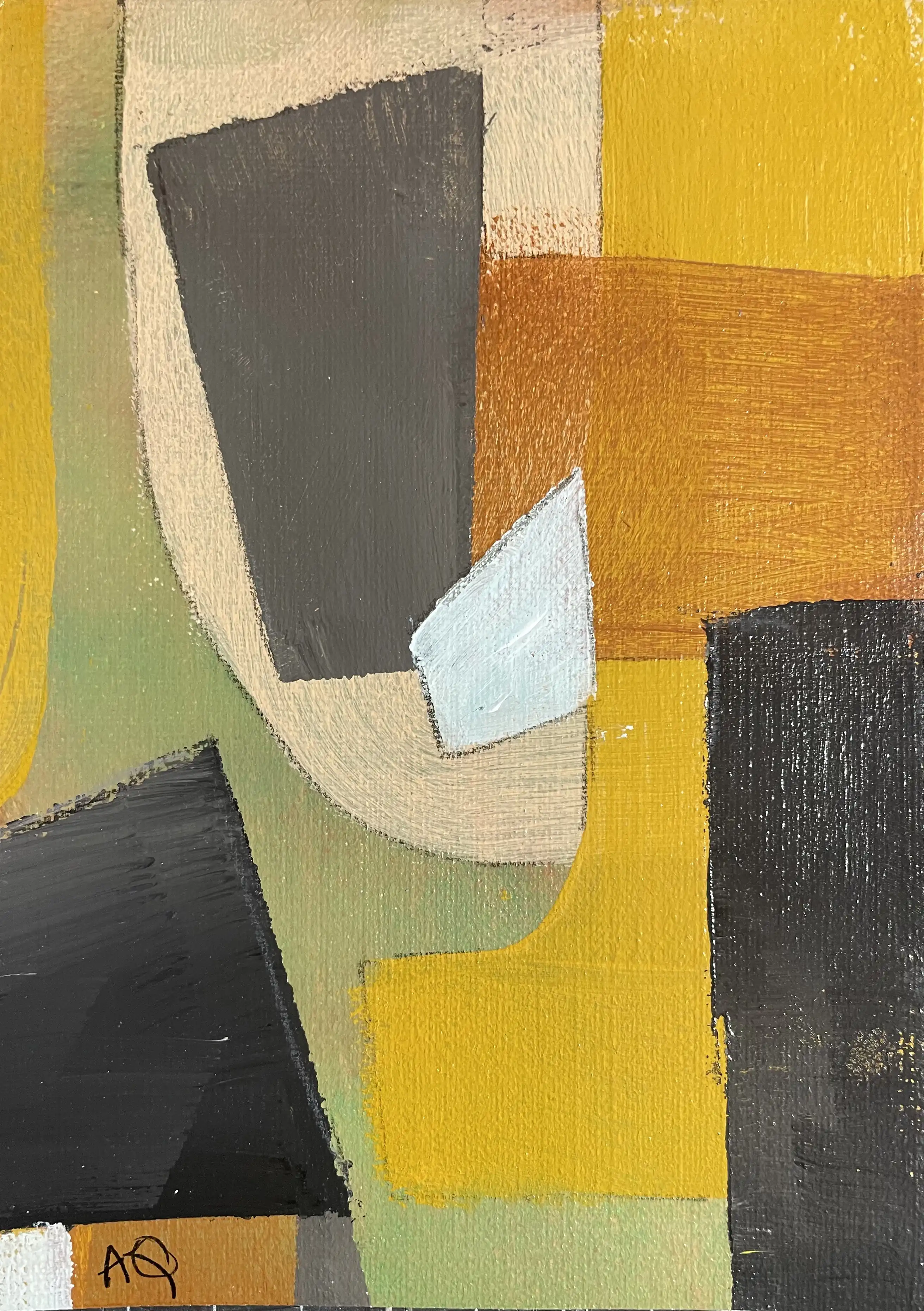 Peinture acrylique avec formes géométriques jaune-orange, accents gris, et petites marques rouge-orange et bleu-vert