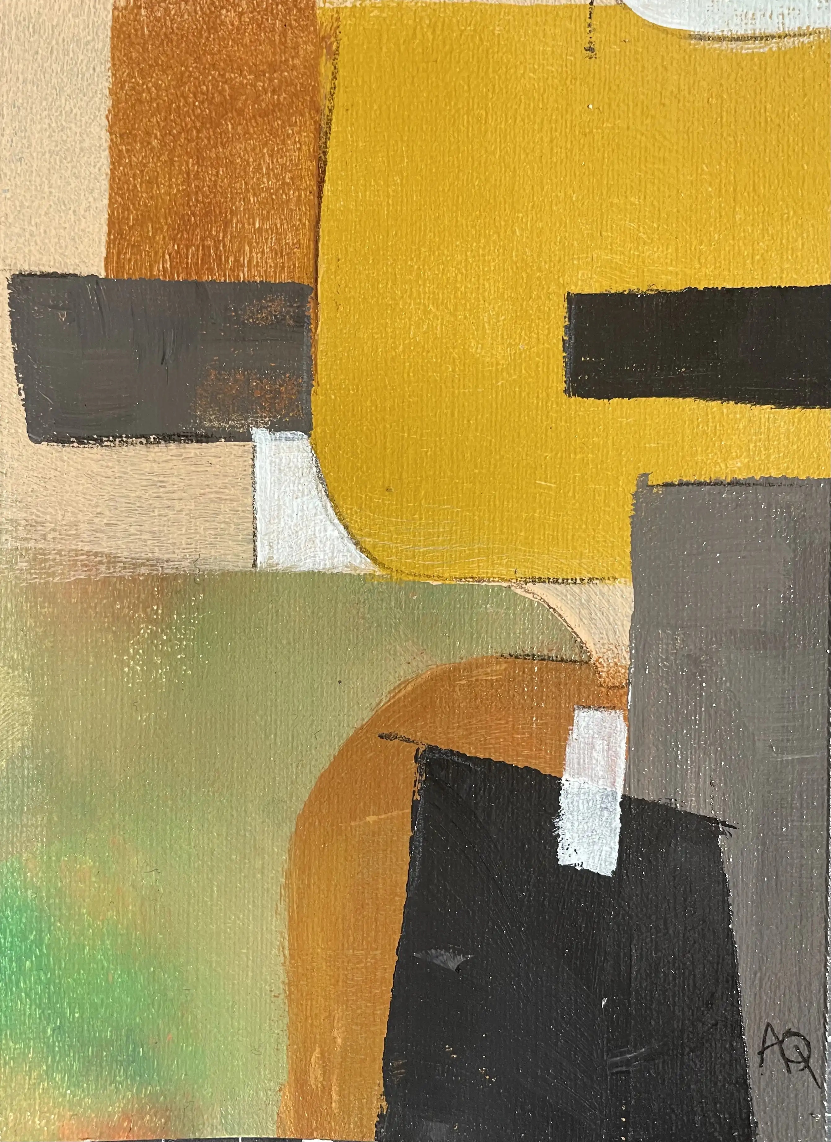 Ré Majeur 9 - Variation 7 par Arnaud Quercy chez Art Quam Anima — peinture acrylique sur papier, Peinture acrylique avec blocs de couleur géométriques : jaune-orange domine, gris foncé ancre, accents jaunes partout