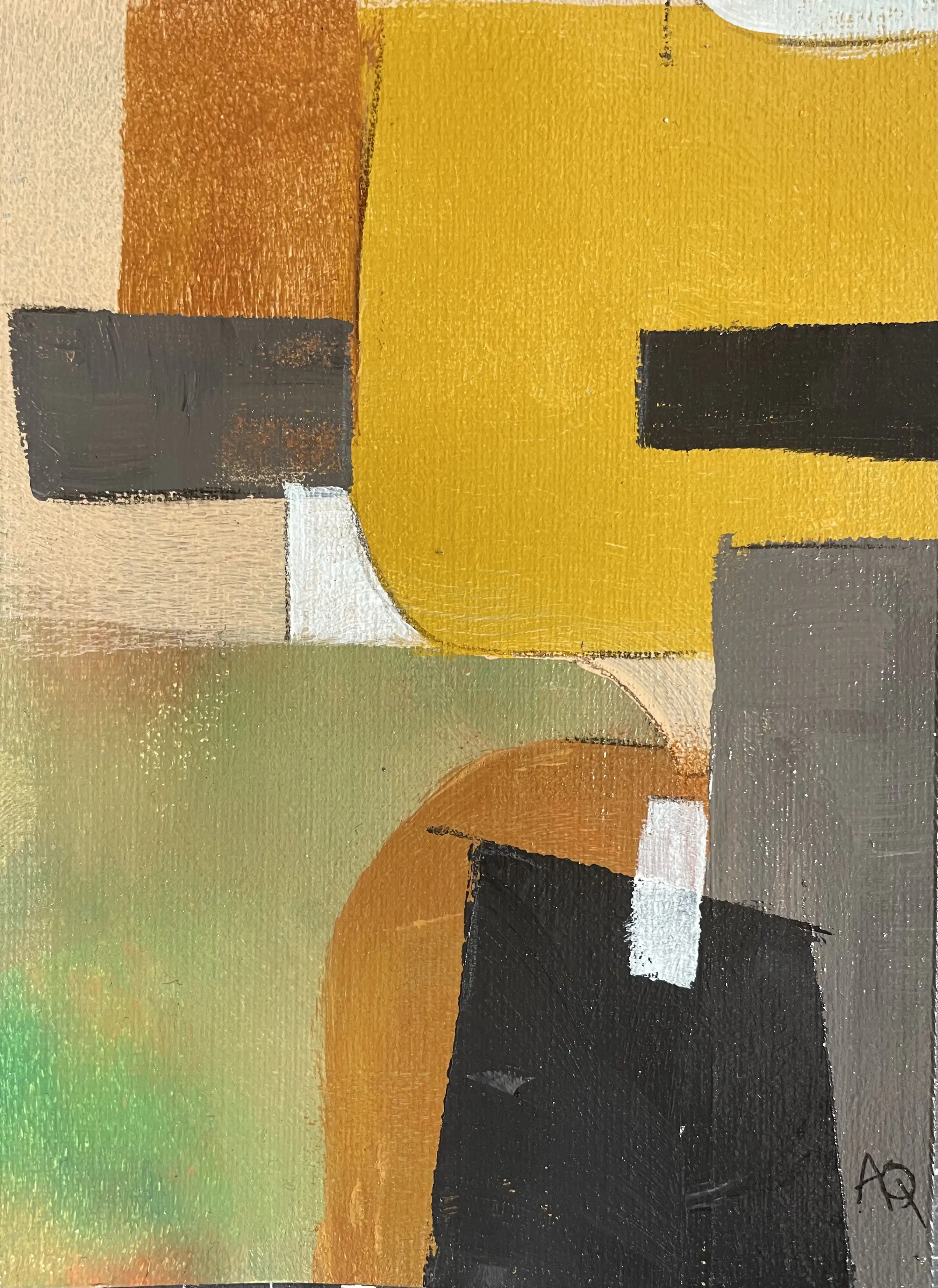 Peinture acrylique avec blocs de couleur géométriques : jaune-orange domine, gris foncé ancre, accents jaunes partout