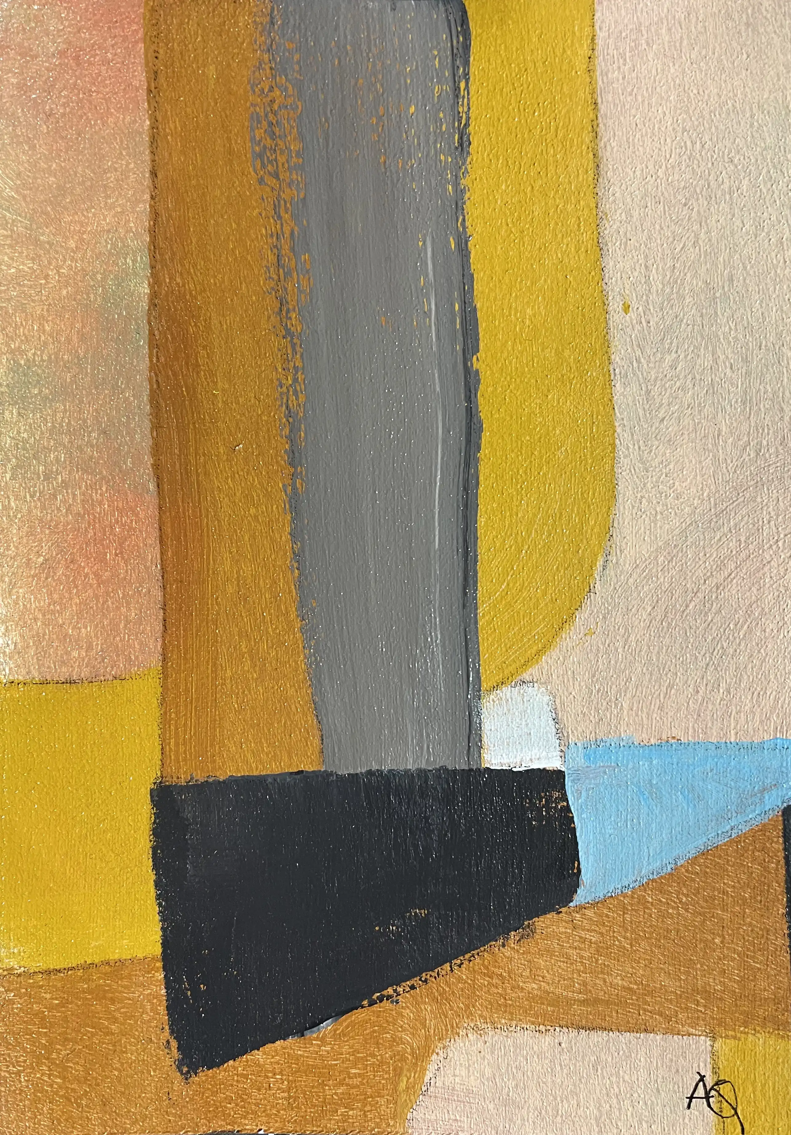 Peinture acrylique : blocs de couleur géométriques en gris, jaune-orange, et orange avec accents bleus sur papier