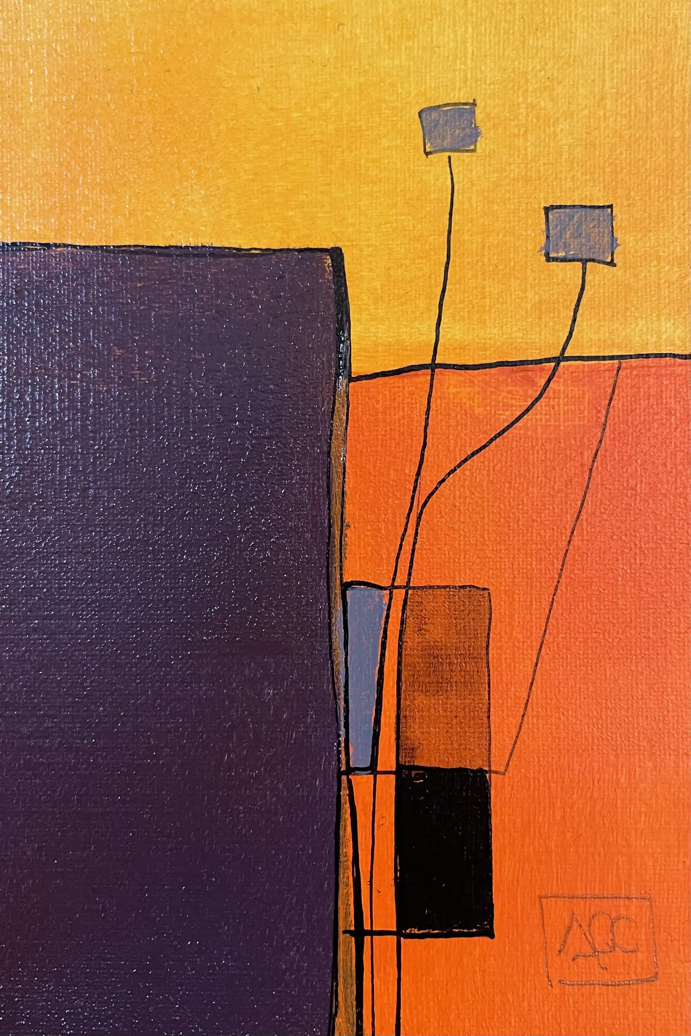 Abstract painting: purple left section, orange-yellow right section with black connecting lines and small shapes
