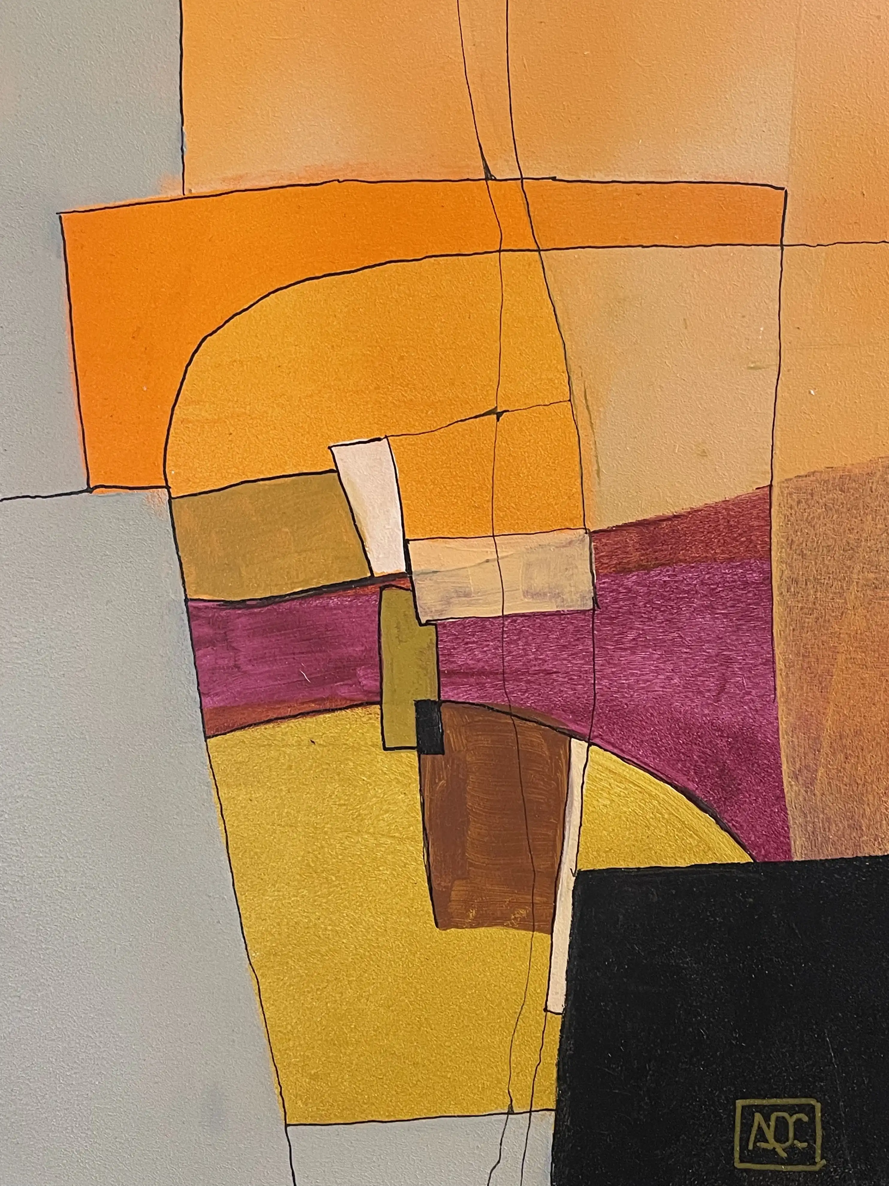 Acrylic painting: orange geometric forms with gray and red-orange sections in overlapping composition