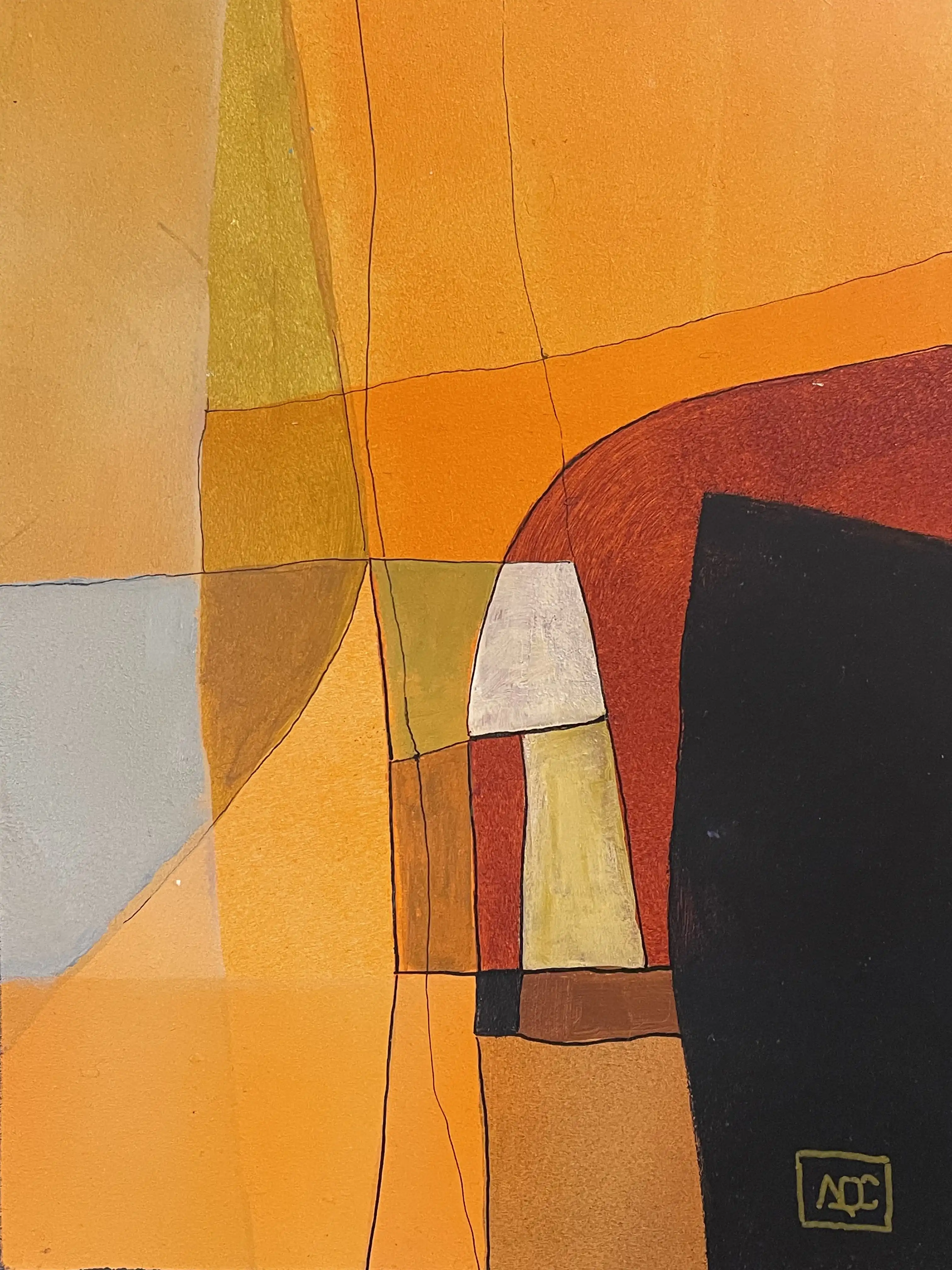 Peinture acrylique avec des formes géométriques orange et des zones gris foncé dans une composition abstraite sur panneau de bois