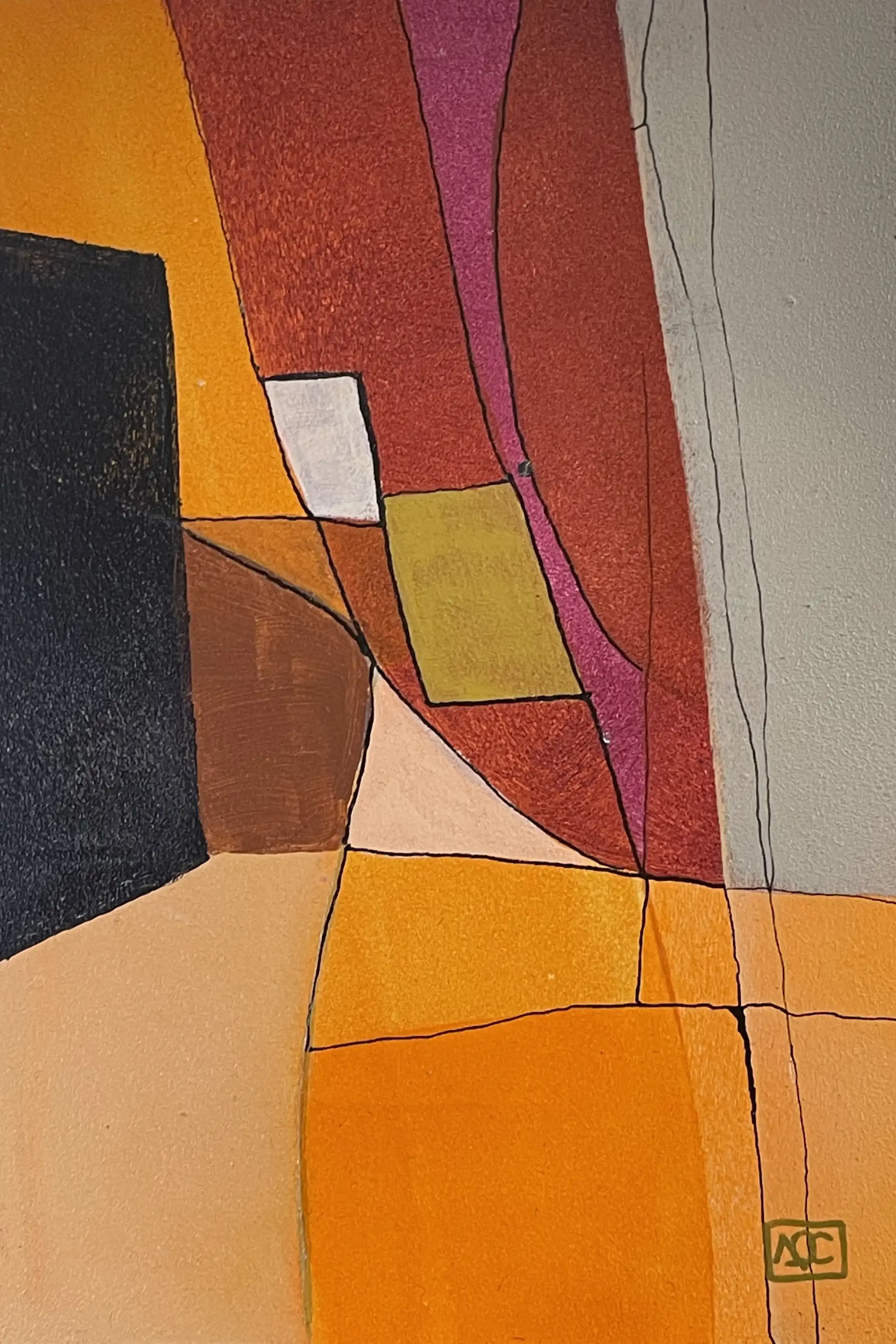 Acrylic painting with orange, red-orange zones and gray areas in vertical geometric composition on wood panel