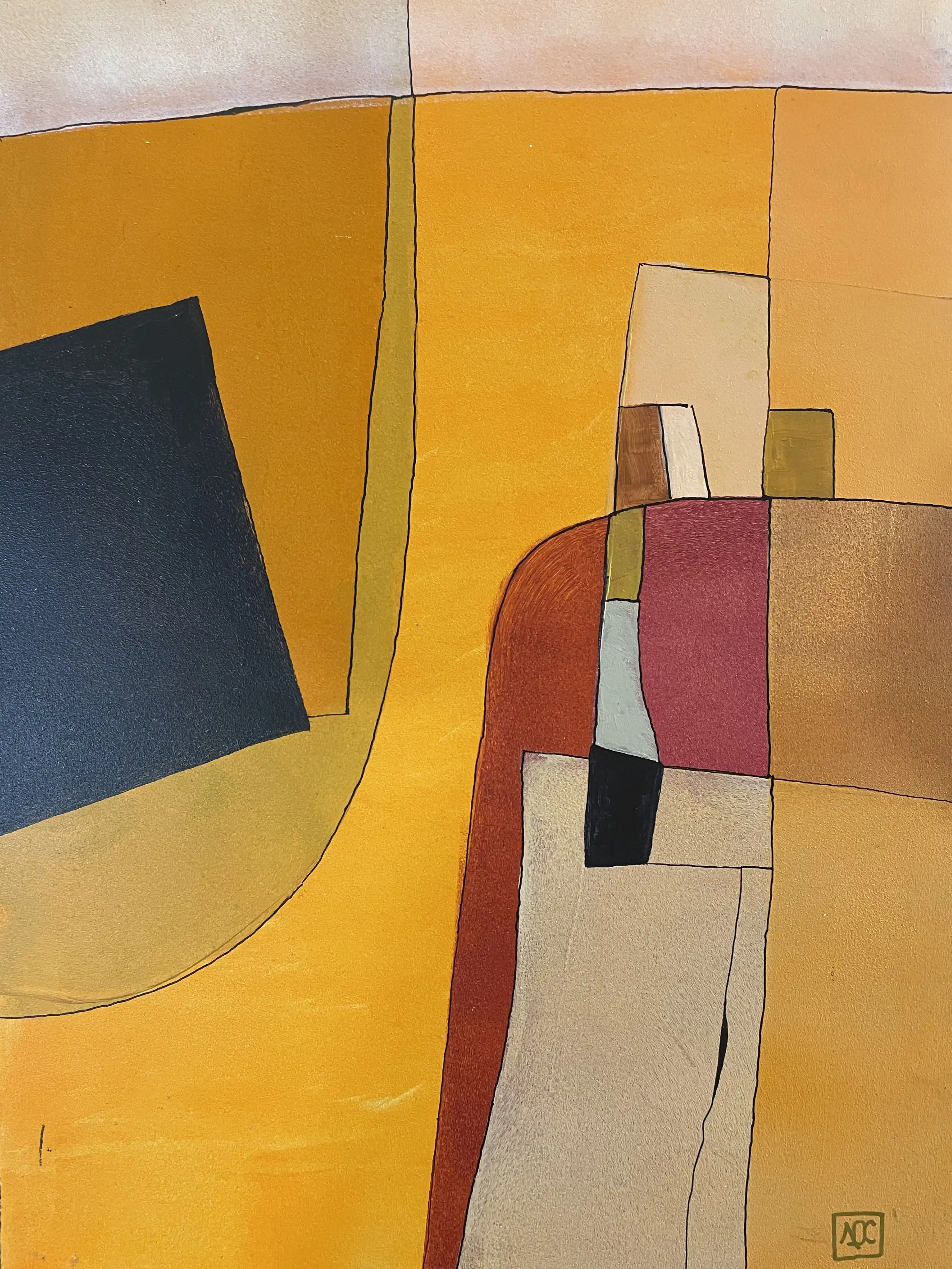 Acrylic painting: yellow-orange geometric forms with dark gray accent, vertical composition on wood panel