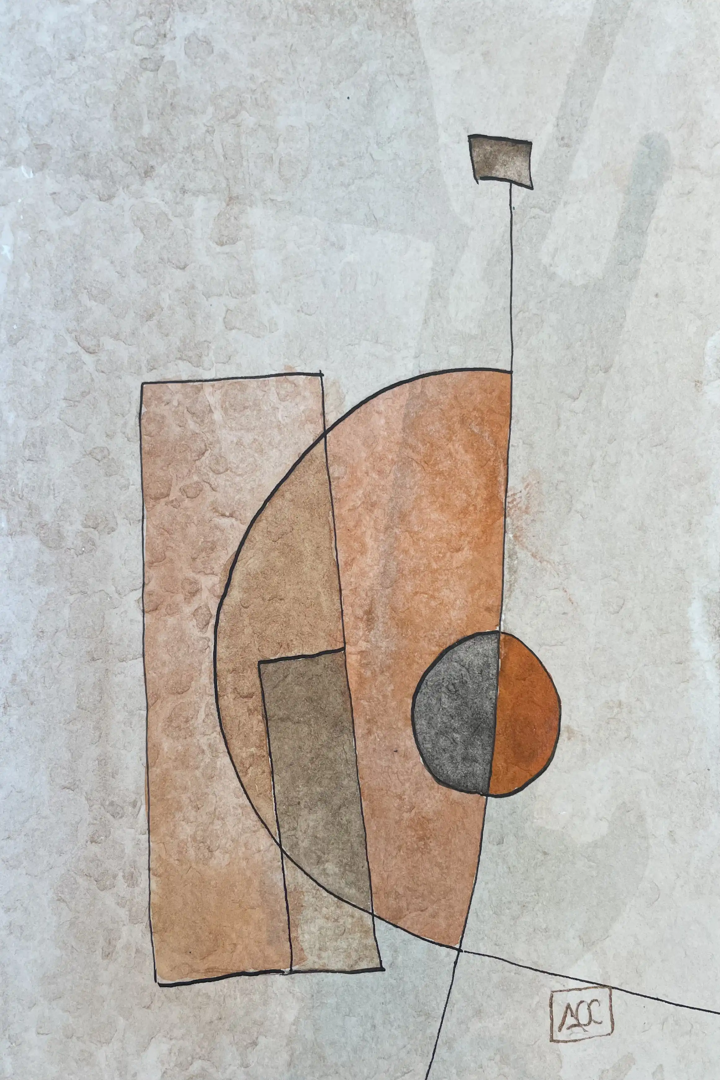 Aquarelle géométrique avec formes orange sur fond gris, présentant des formes rectangulaires et courbes avec accent bleu