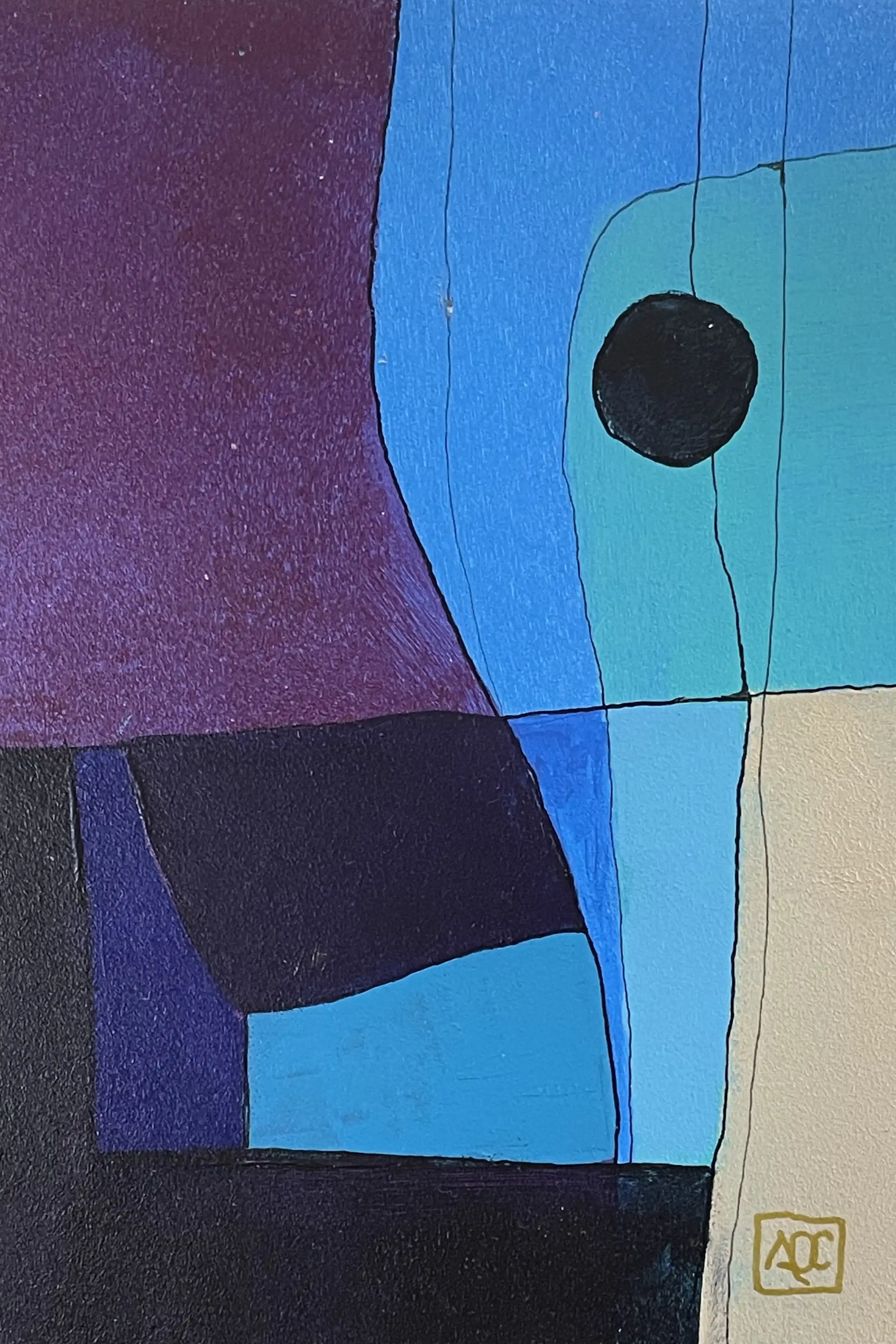 Peinture acrylique abstraite avec formes géométriques bleu-violet et rouge-violet traduisant l'accord Ré bémol Majeur en couleur