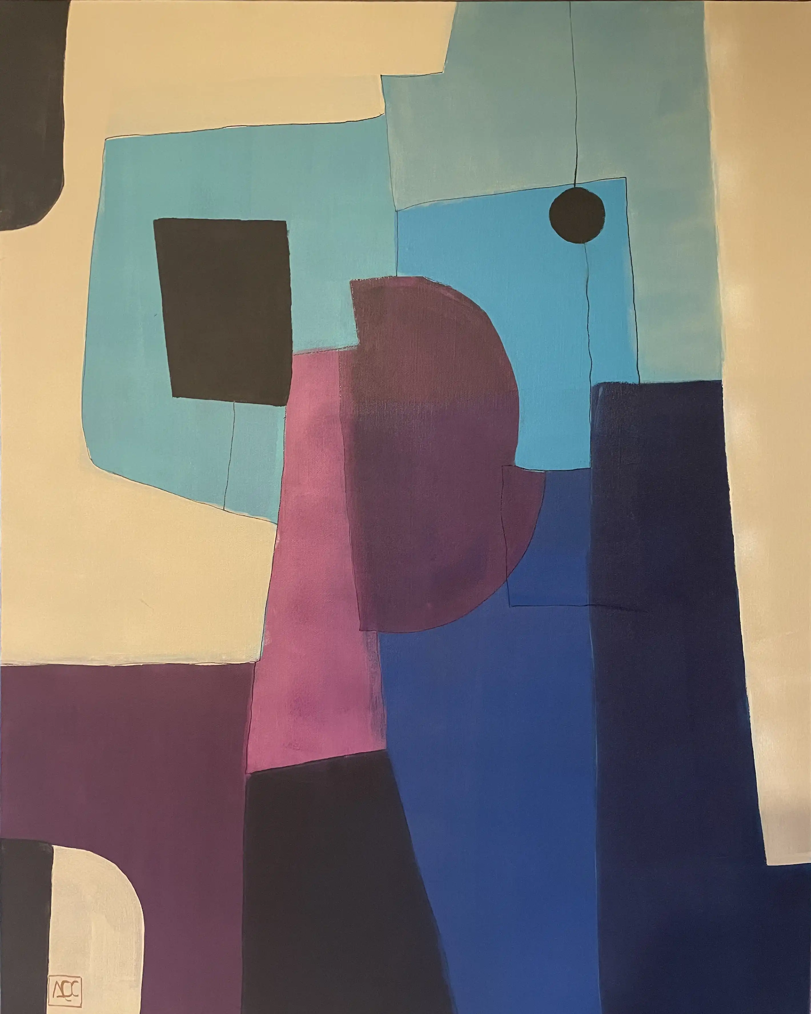 Abstract geometric painting: overlapping colored shapes in yellow-orange, violet, red, and blue-green arrangements