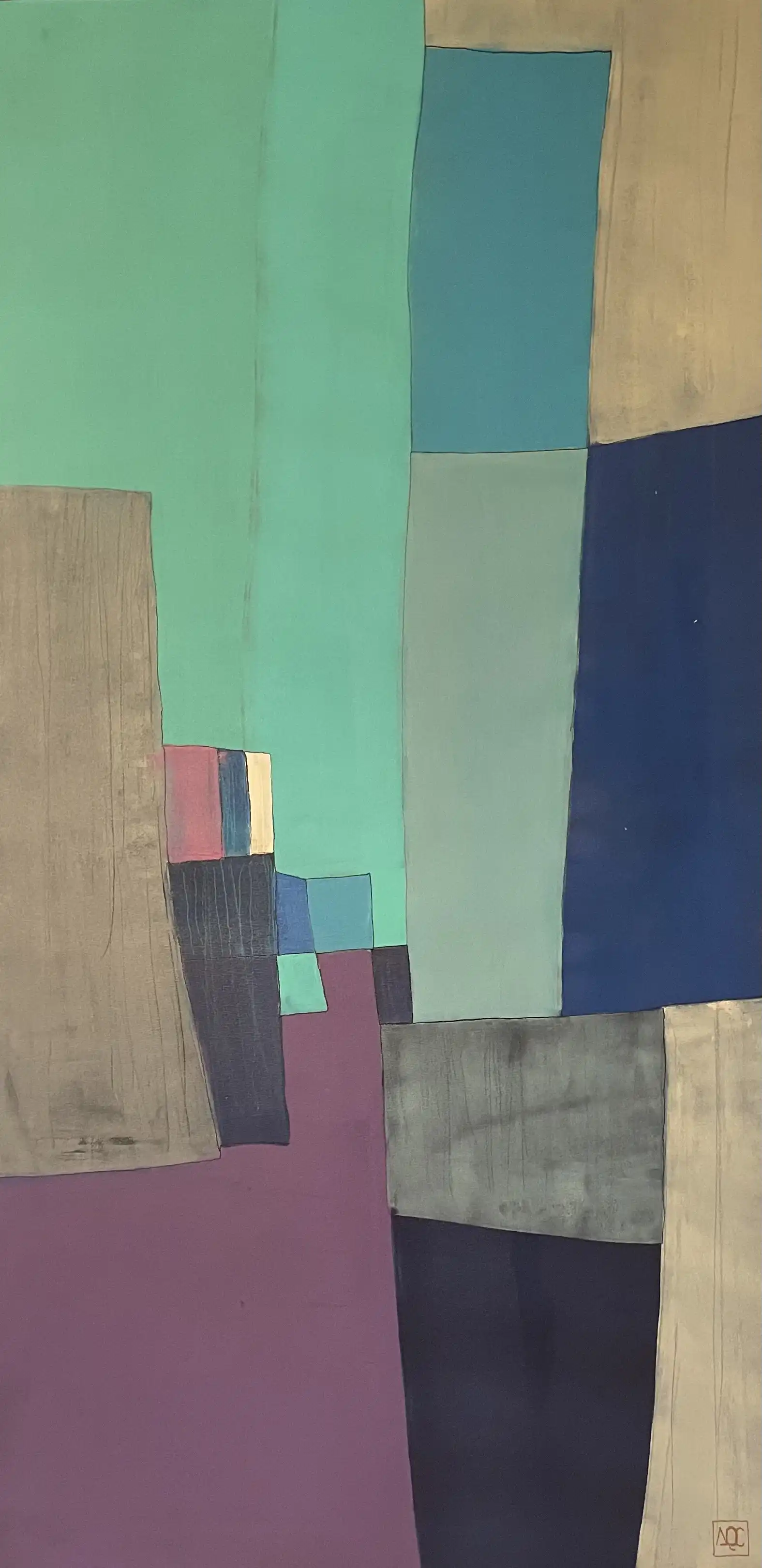 Peinture acrylique géométrique : formes rouge-violet, jaune-vert, jaune-orange en composition verticale