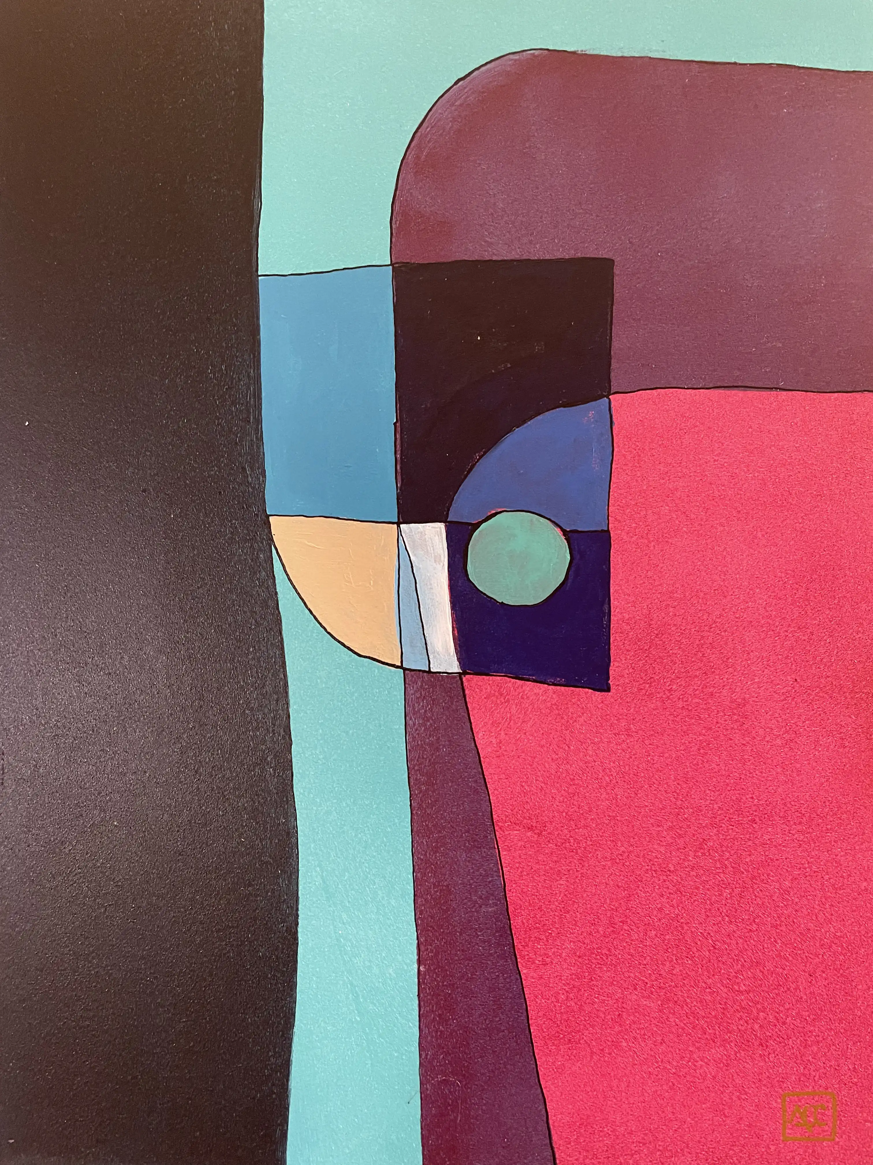 Peinture géométrique abstraite : formes rouge-orange et rouge avec accent bleu-vert, formes translucides qui se chevauchent sur fond clair