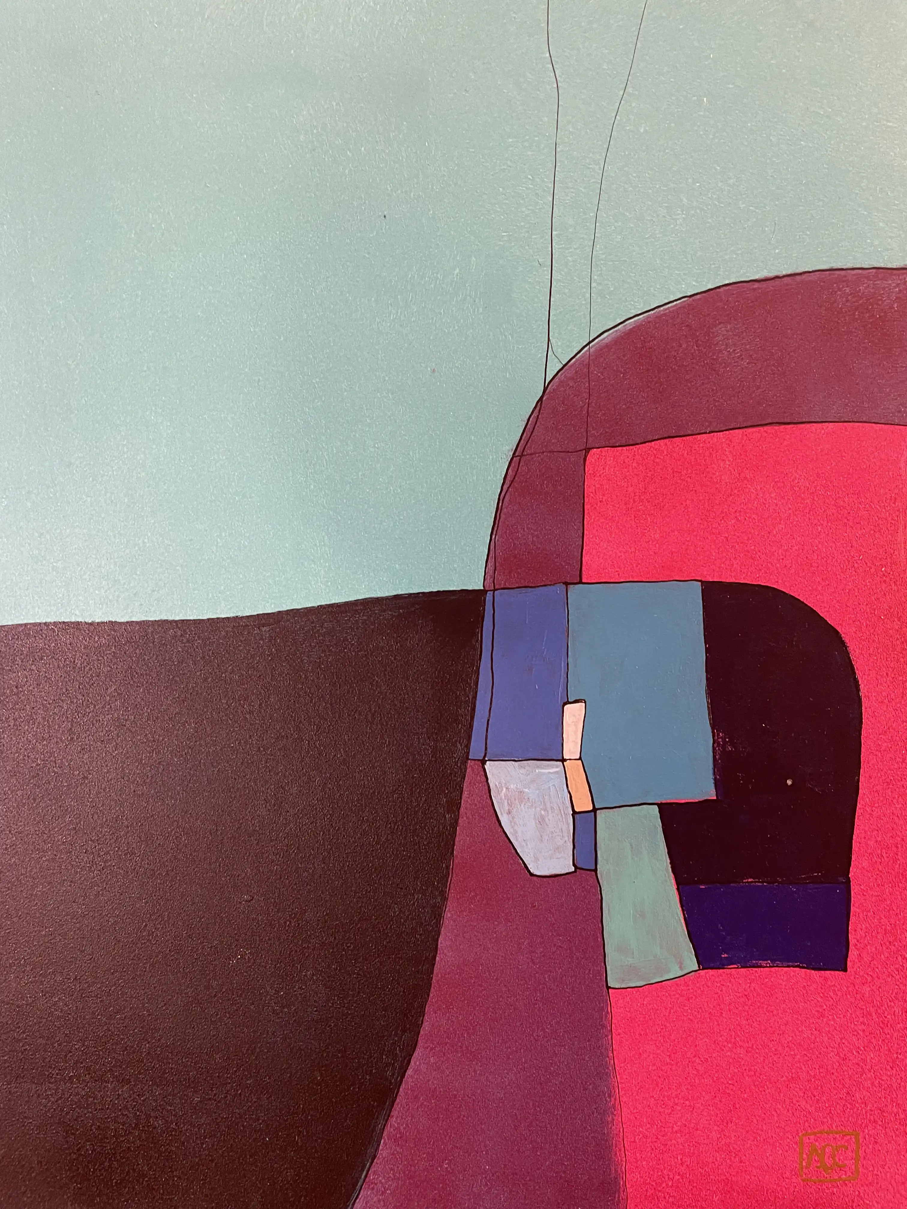 Peinture acrylique abstraite avec dominance jaune-vert, accents rouge vif, et blocs de couleur géométriques en composition verticale