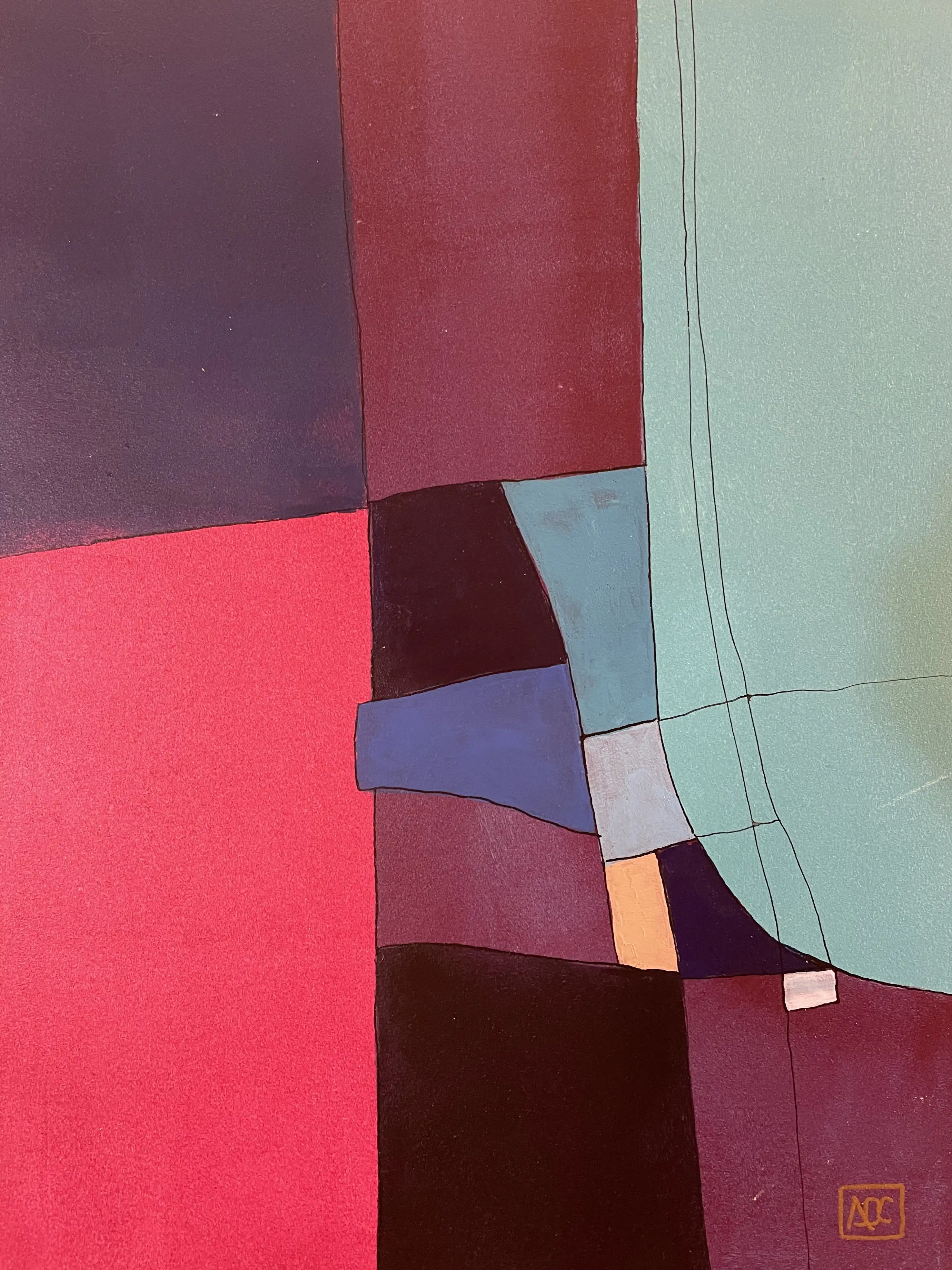 Peinture acrylique géométrique : formes rouge-orange, gris acier, mauve poussiéreux qui se chevauchent avec petit accent orange