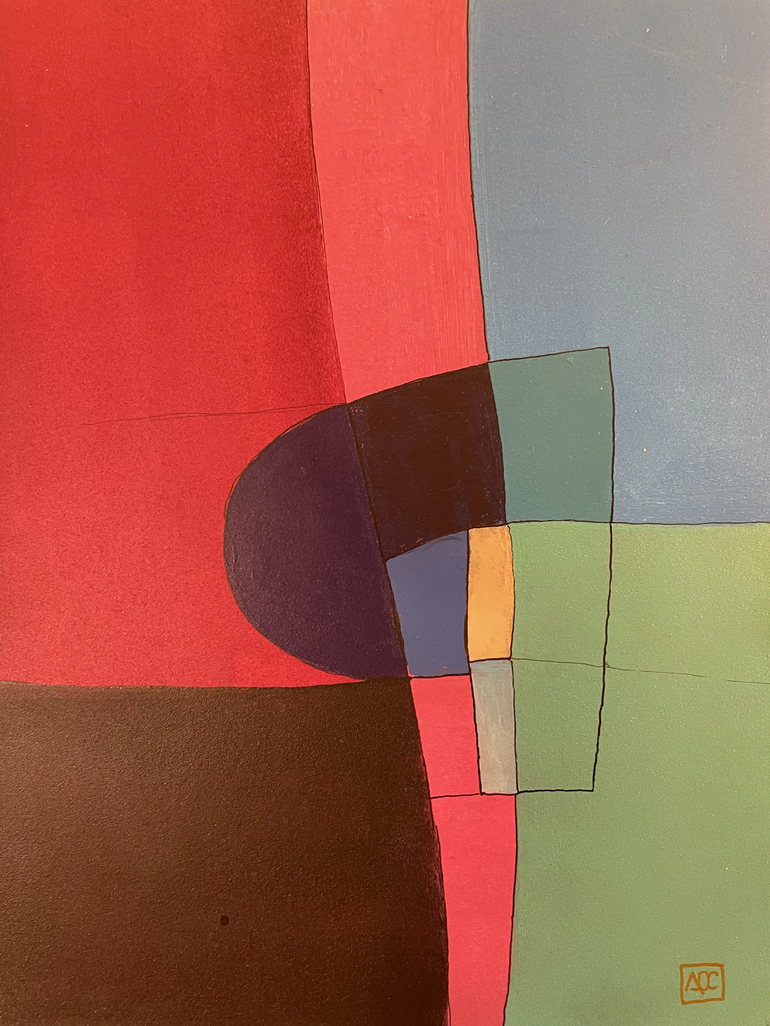 Composition géométrique acrylique : formes rouge-orange et grises avec accents jaune-vert en arrangement vertical