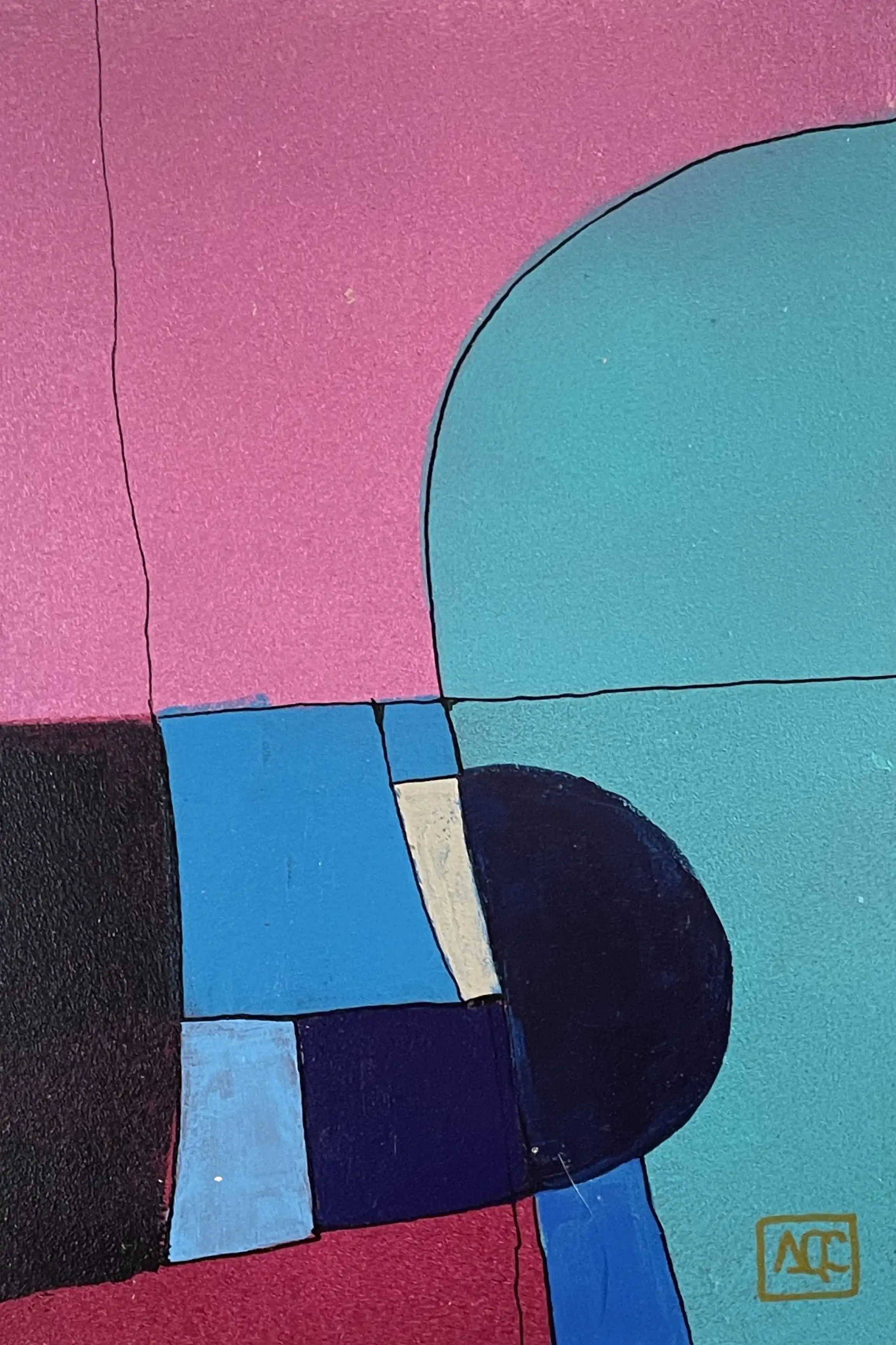 Composition acrylique géométrique : courbes bleu-vert, formes angulaires rouges, base violette en arrangement vertical