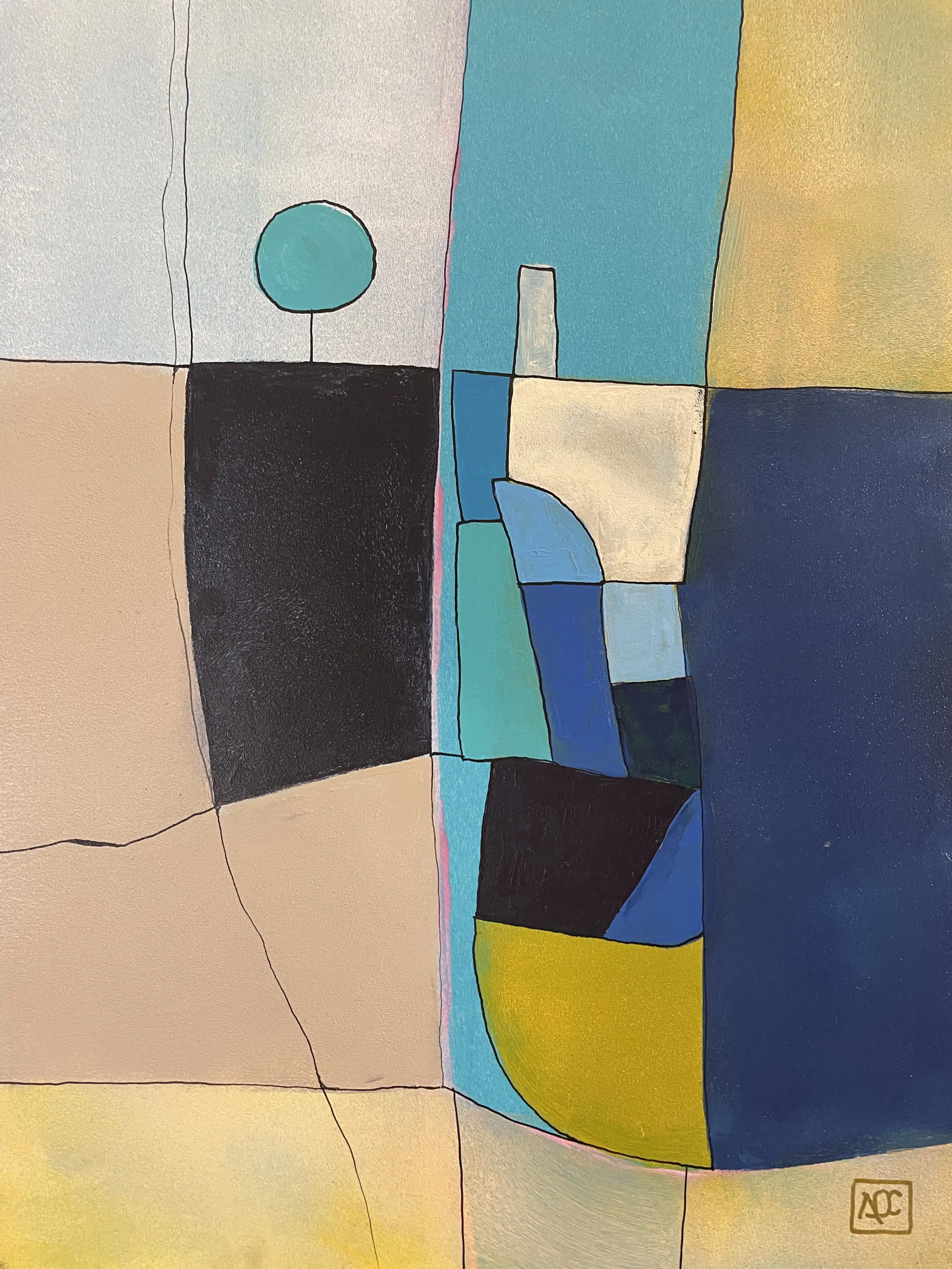 Peinture acrylique avec formes géométriques : sections chaudes tan et bleu-violet divisées par des éléments de connexion bleu-vert