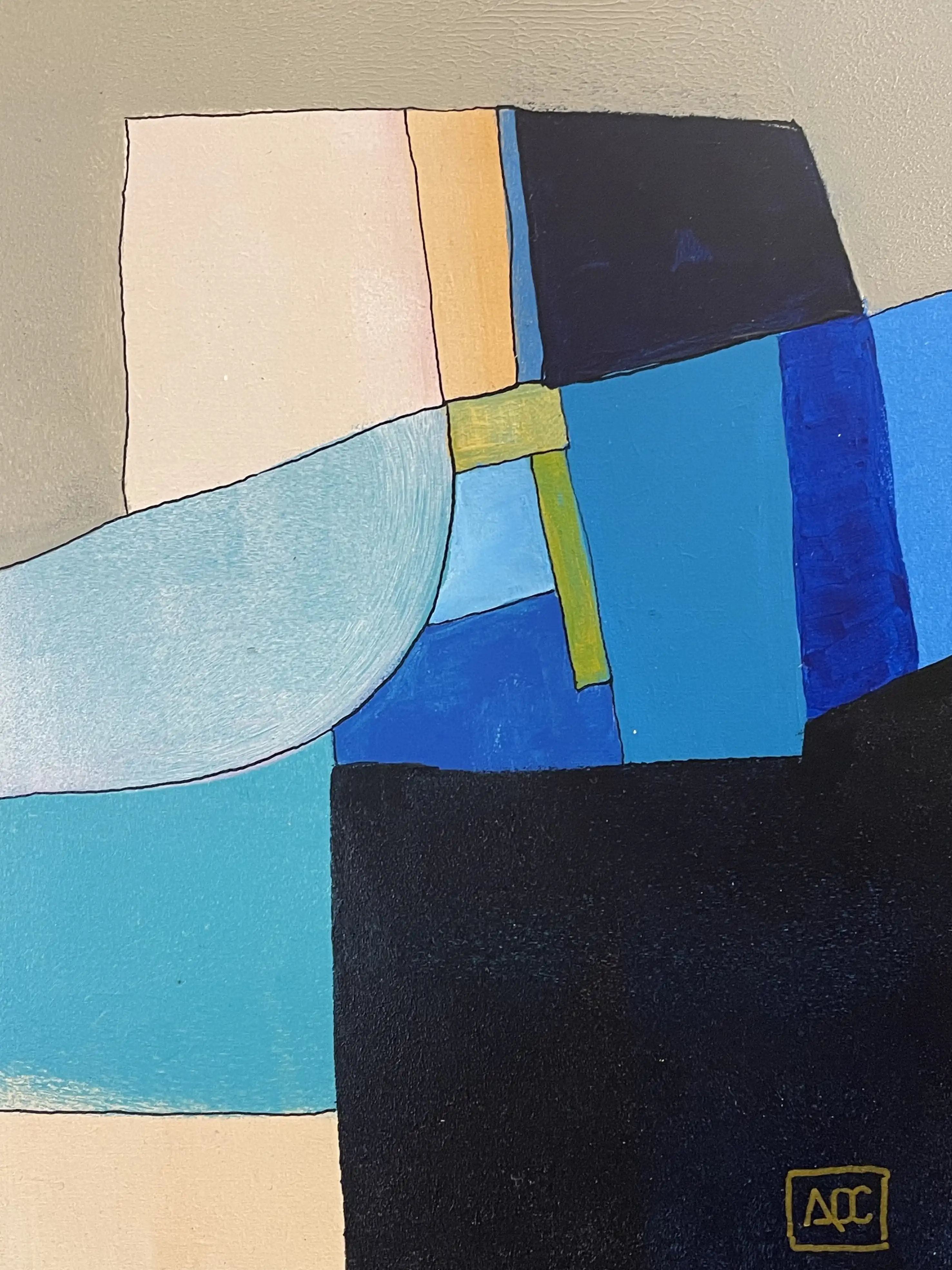 Acrylic painting with geometric color sections: dark violet, yellow-orange, and blue areas arranged in harmonic relationships