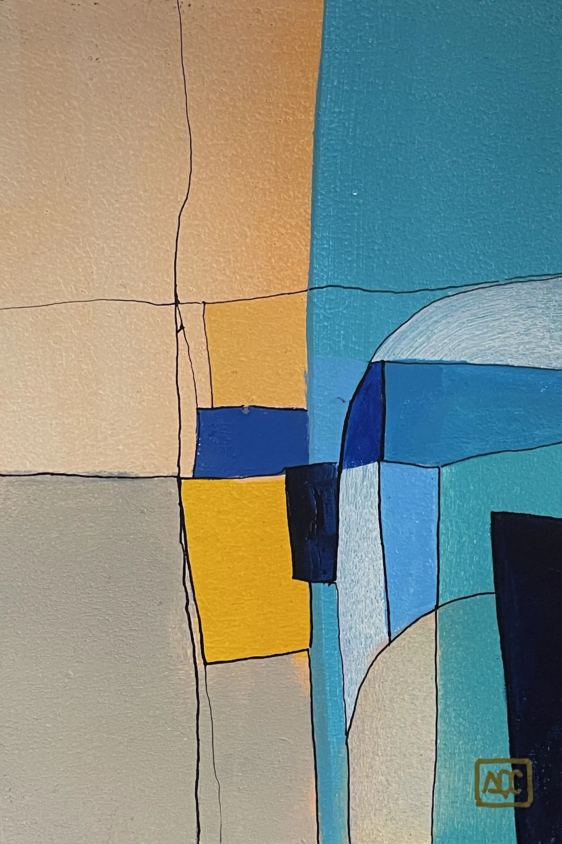 Acrylic painting with blue, yellow, and orange geometric forms creating harmonic color relationships on wood panel