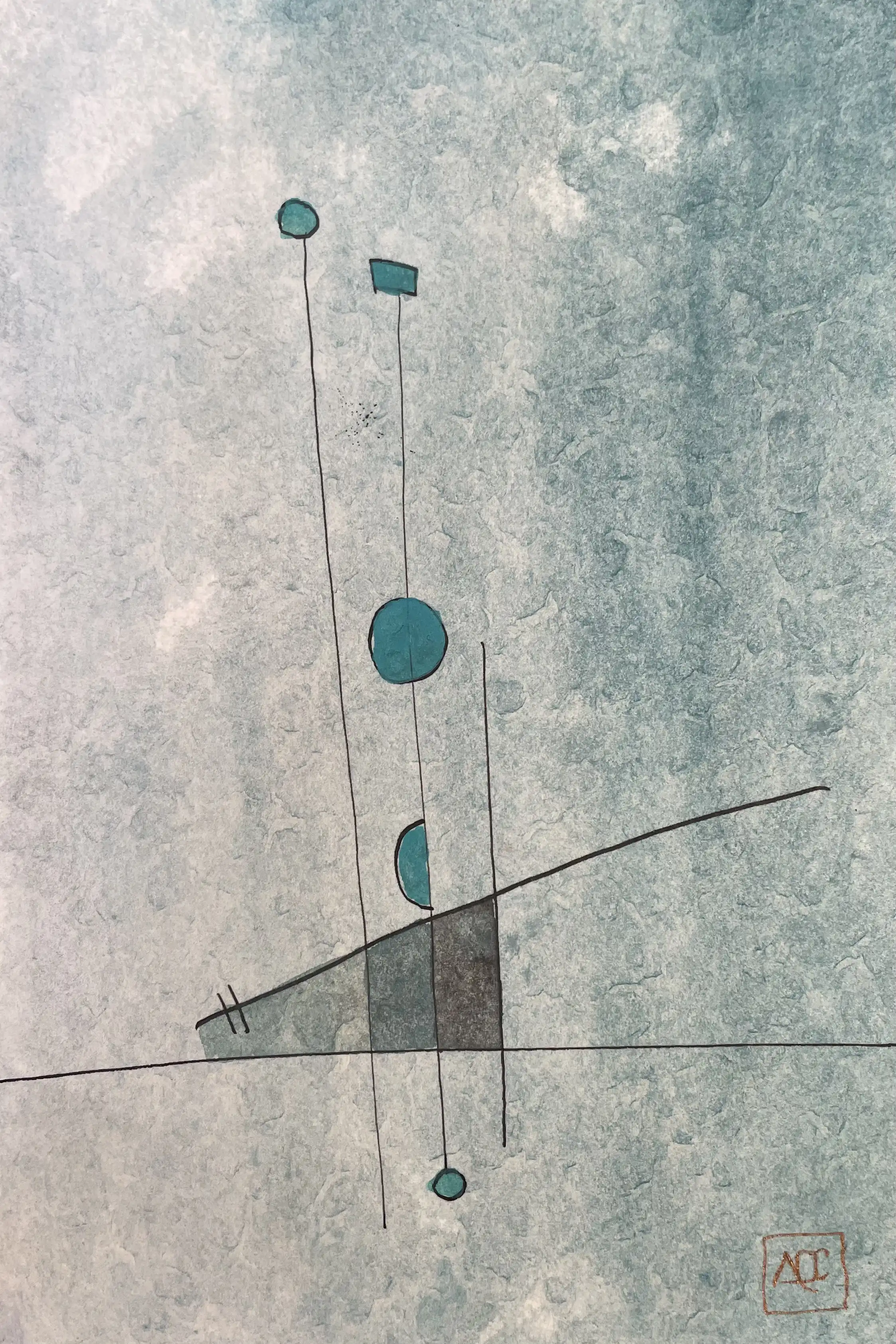 Watercolor with teal blue geometric forms and thin black lines on gray and white background, 16x24cm
