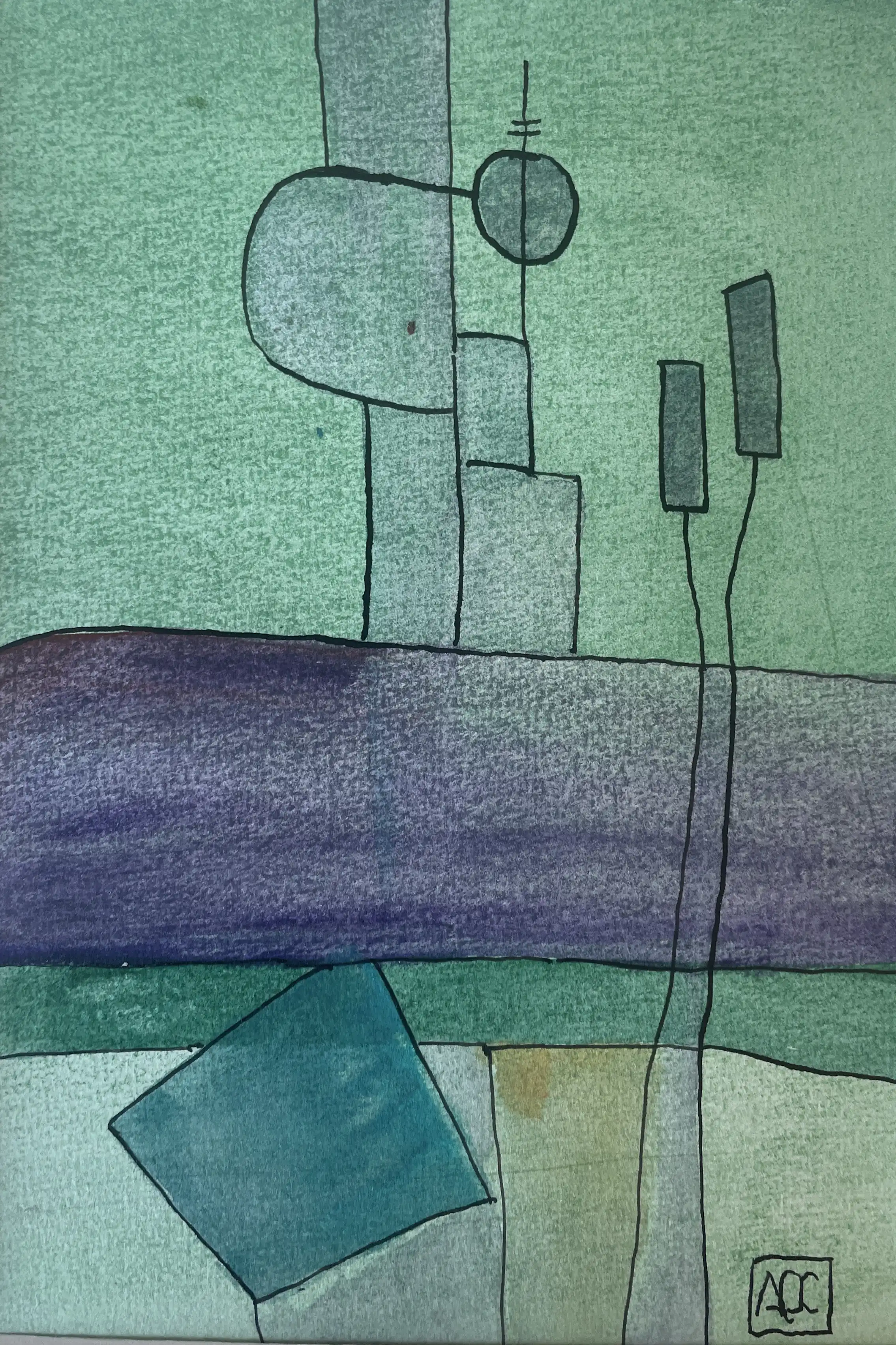 Abstract watercolor with yellow-green background, blue-violet horizontal band, and black geometric lines