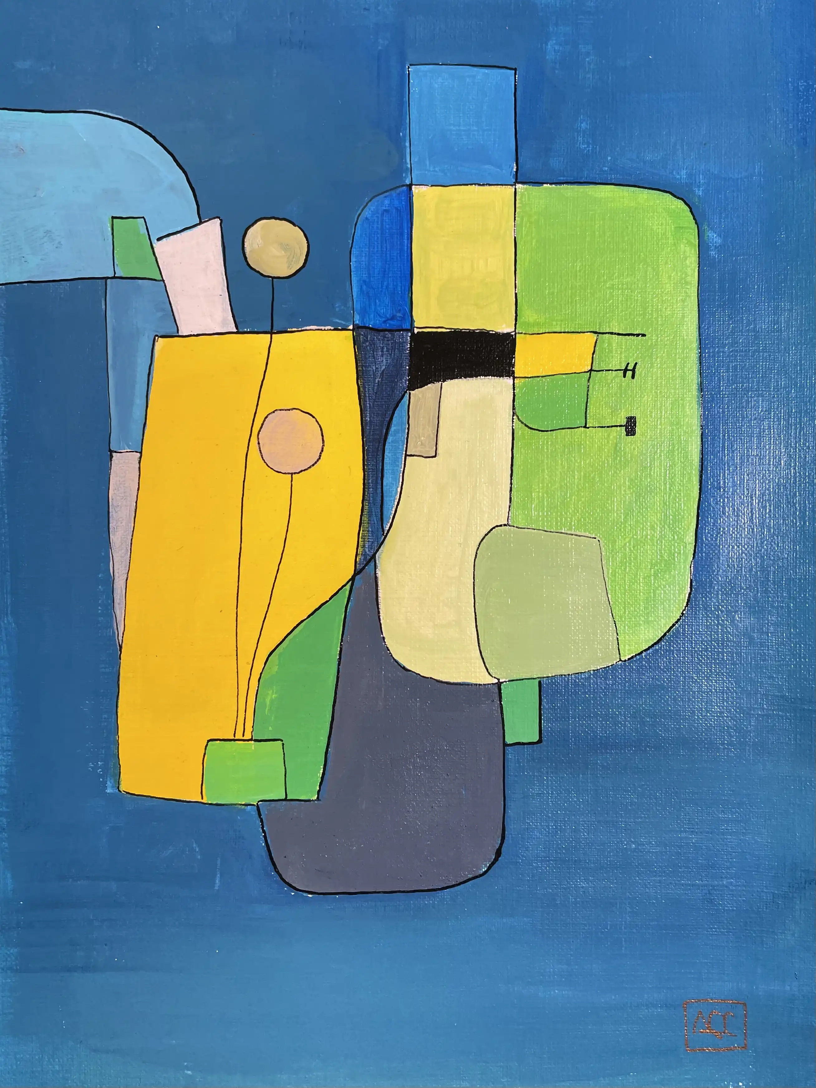 Mi Majeur par Arnaud Quercy chez Art Quam Anima — peinture acrylique sur papier, Peinture géométrique abstraite avec des formes bleu-violet et des formes jaune doré arrangées en relations harmoniques