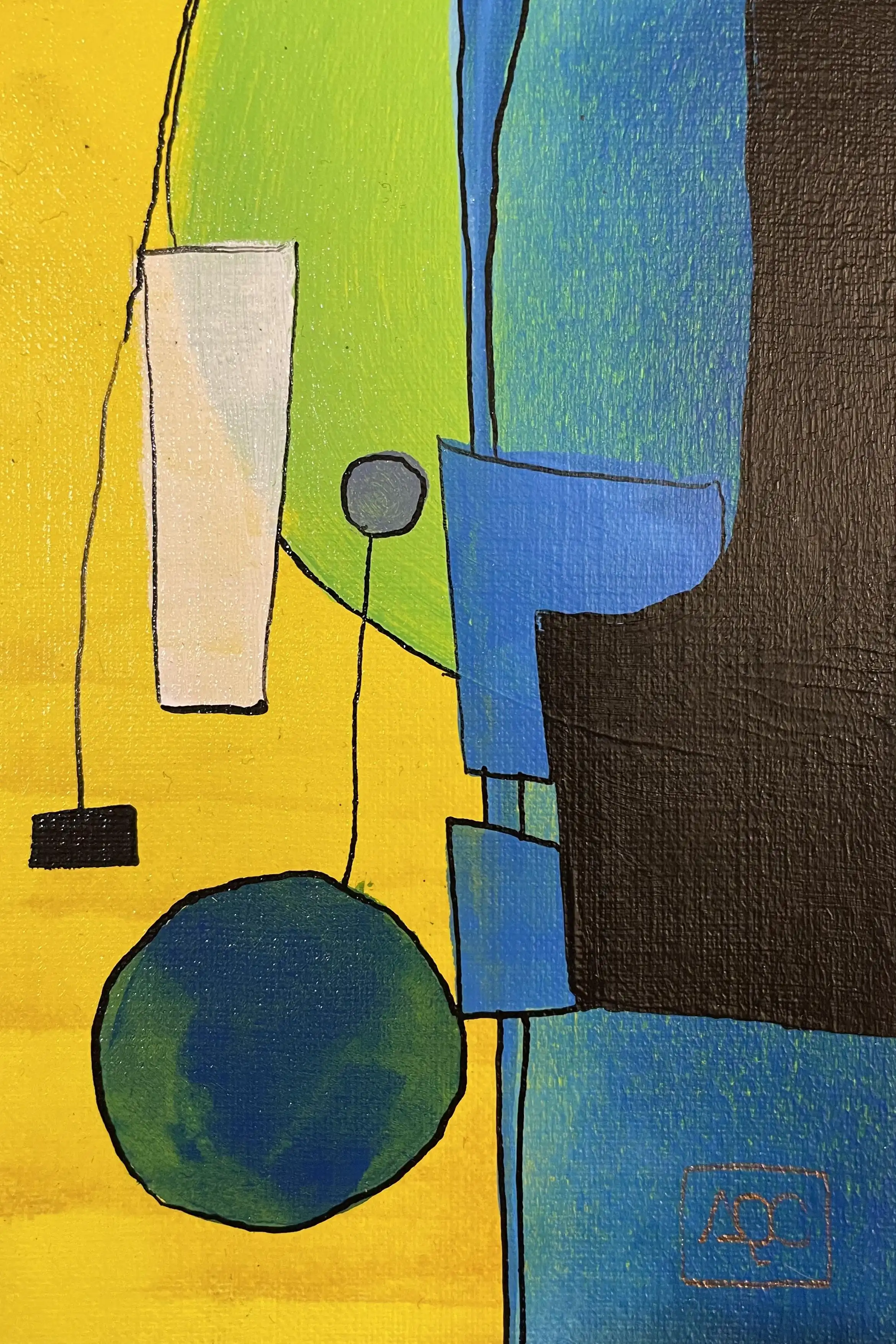 Acrylic painting with geometric forms in yellow, blue, and green tones arranged to represent E Major chord structure